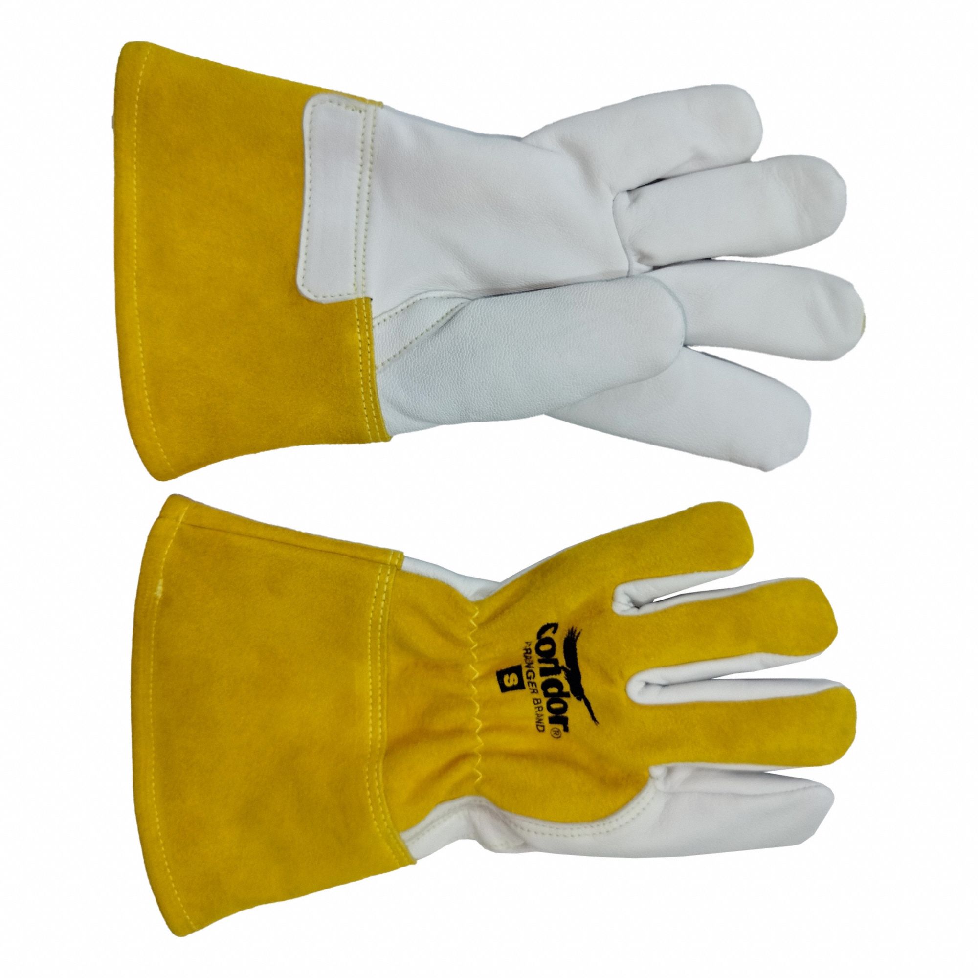 Welding Gloves: Straight Thumb, Gauntlet Cuff, Premium, Yellow Cowhide, Condor, S Glove Size, 1 PR