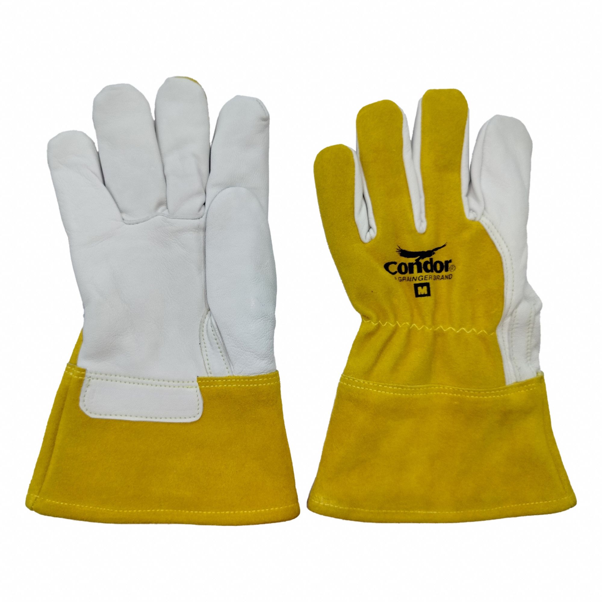 Welding Gloves: Straight Thumb, Gauntlet Cuff, Premium, Yellow Cowhide, Condor, M Glove Size, 1 PR