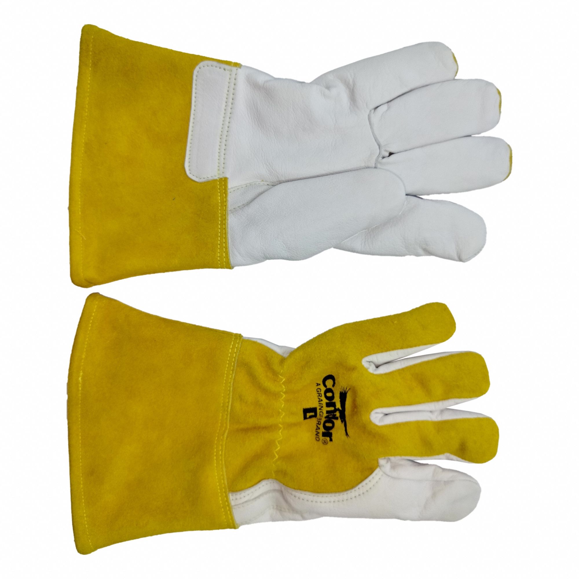 Welding Gloves: Straight Thumb, Gauntlet Cuff, Premium, Yellow Cowhide, Condor, L Glove Size, 1 PR