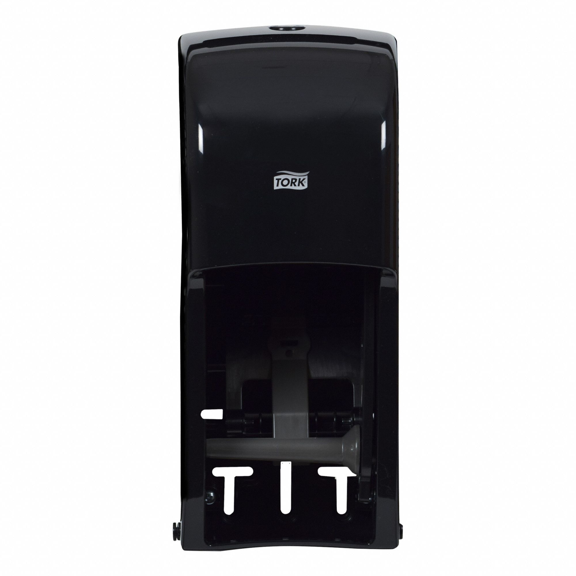 Toilet Paper Dispenser: Coreless, Vertical Double Roll, Plastic, Black, T7 OptiServe®