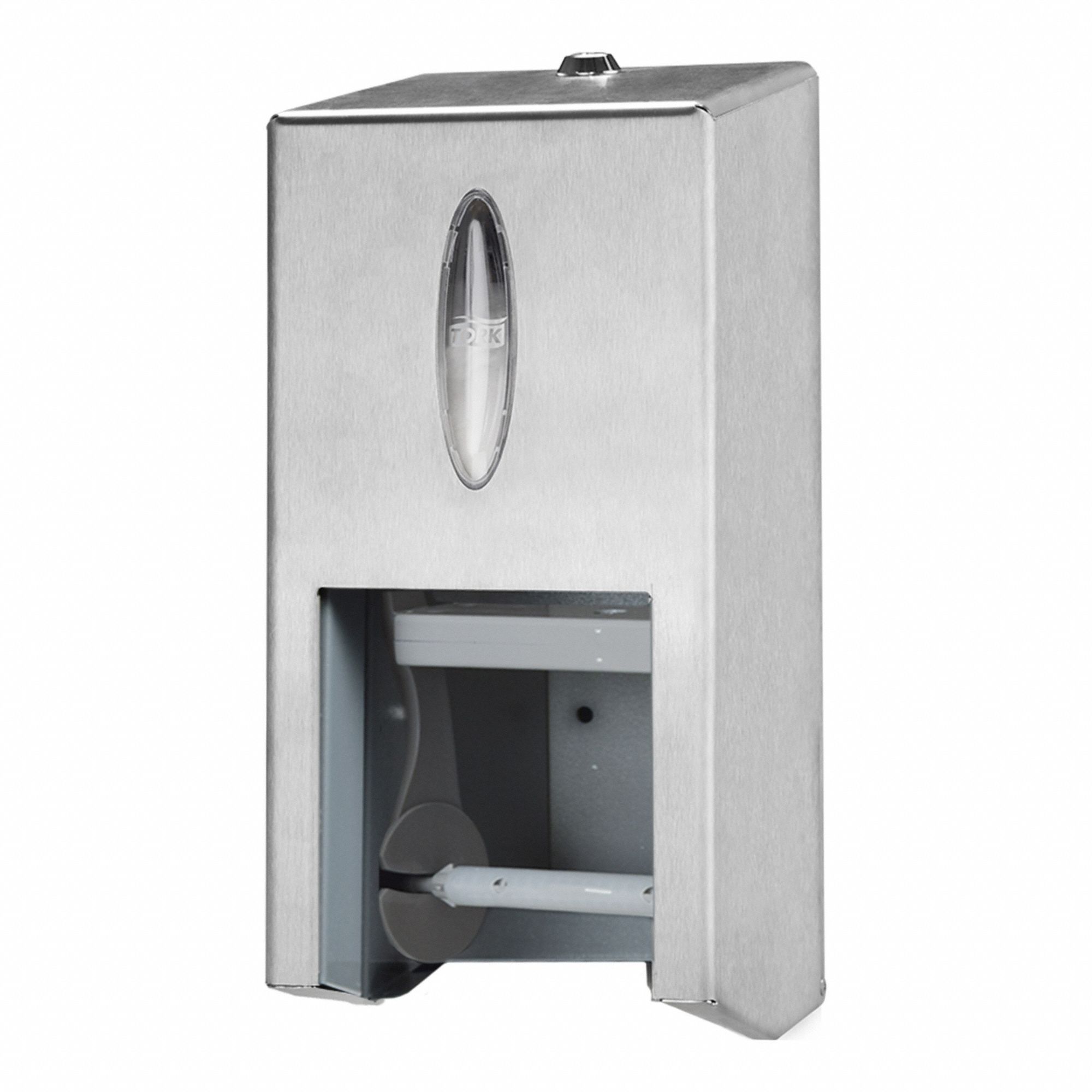 Toilet Paper Dispenser: Coreless, Vertical Double Roll, Stainless Steel, Silver, T7 OptiServe®
