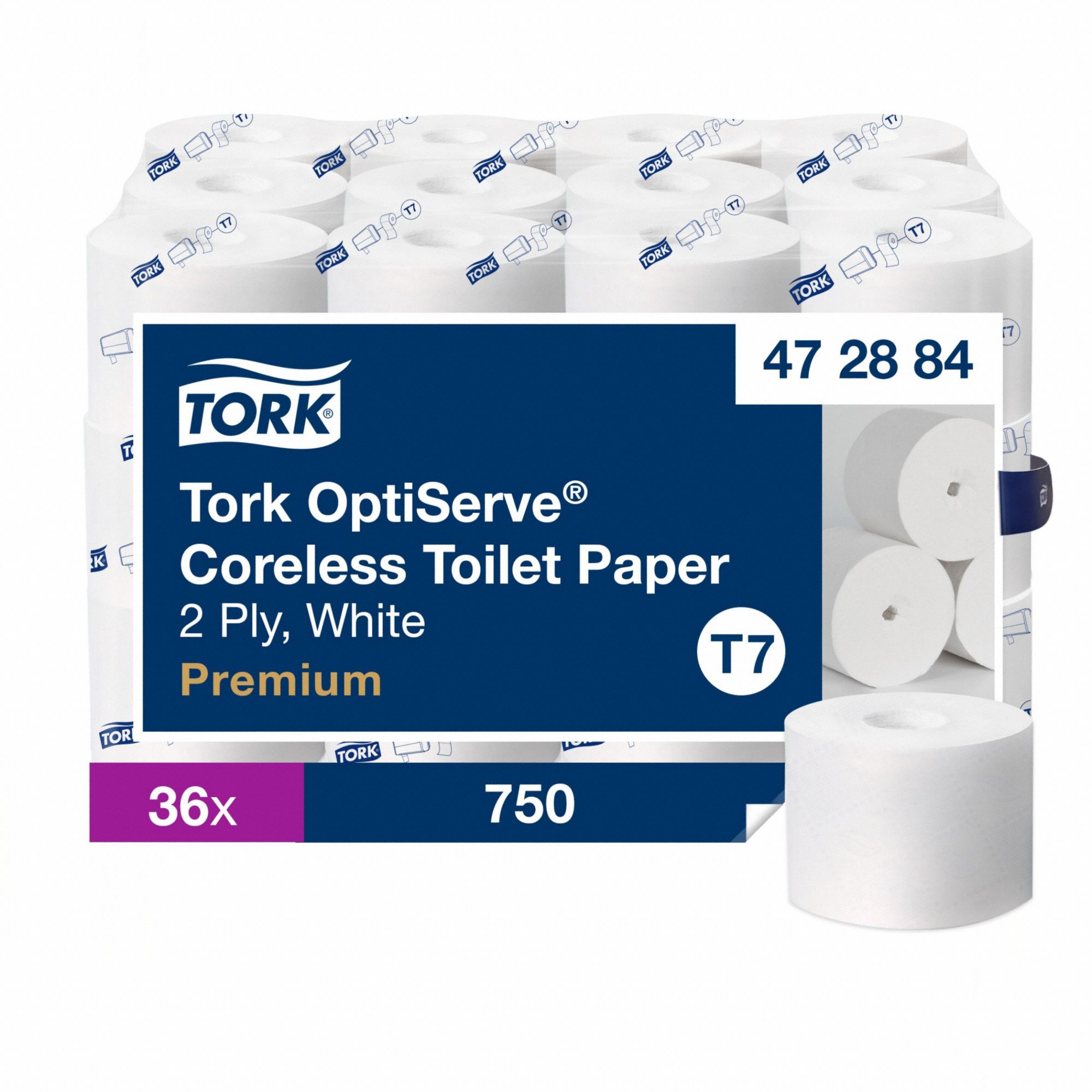 Toilet Paper Roll: 2 Ply, 750 Sheets, 250 ft Roll Lg, 4 3/4 in Roll Dia., T7 OptiServe®, 36 PK
