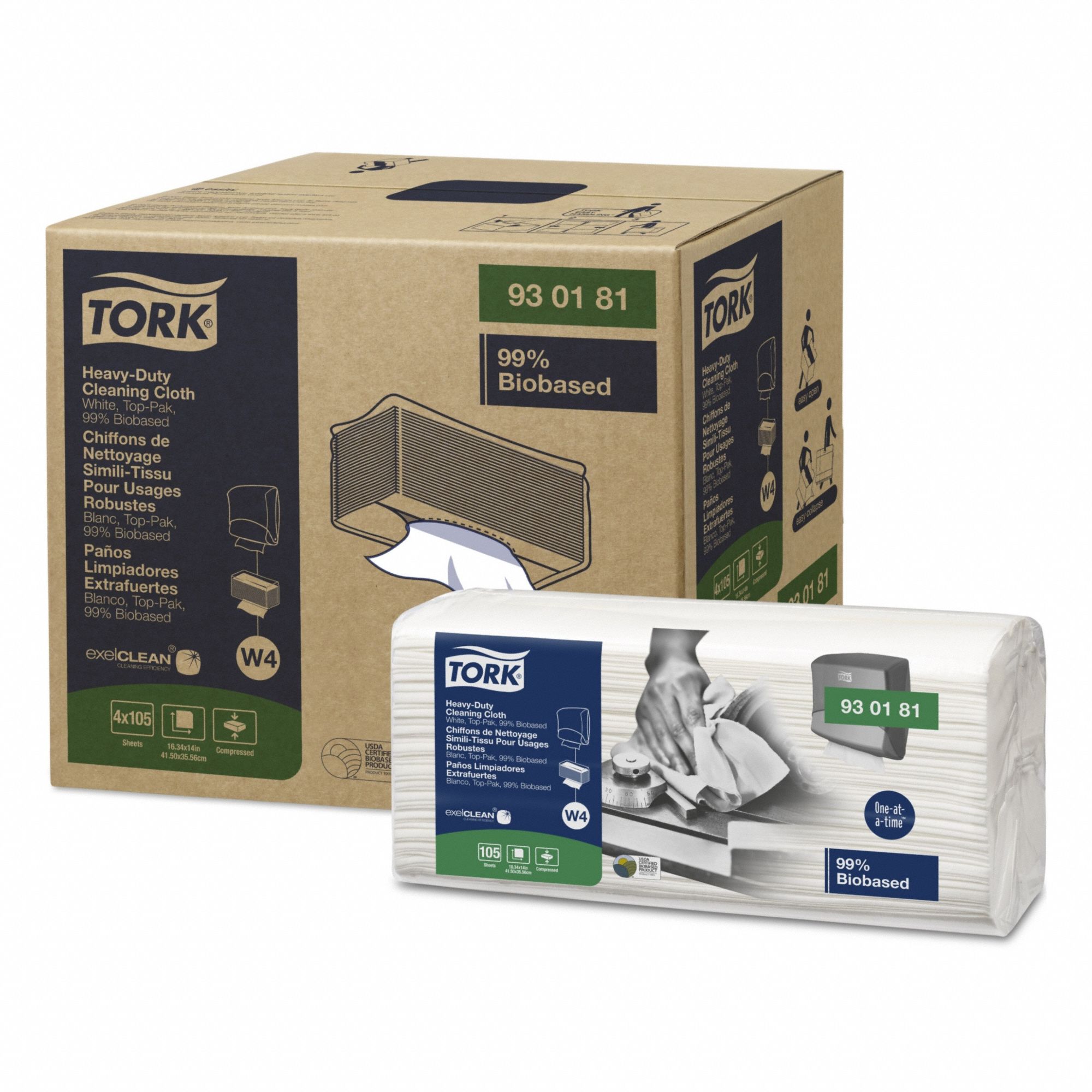 Dry Wipe: 1/4 Fold, Heavy Absorbency, Excellent Wet Strength, W4, White, 105 Sheets, 4 PK