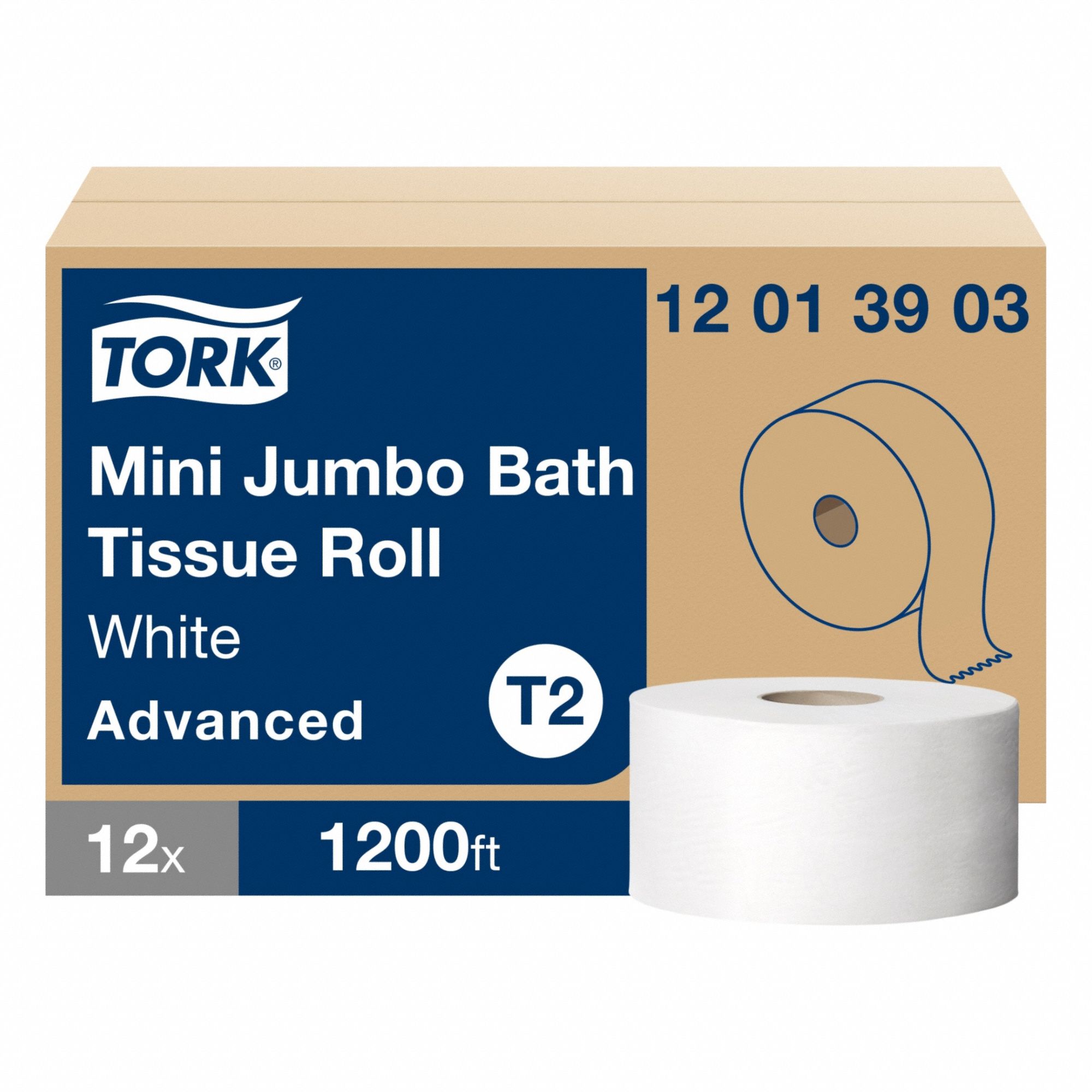 Toilet Paper Roll: 1 Ply, Continuous Sheets, 1, 200 ft Roll Lg, 7 3/8 in Roll Dia., T2, 12 PK