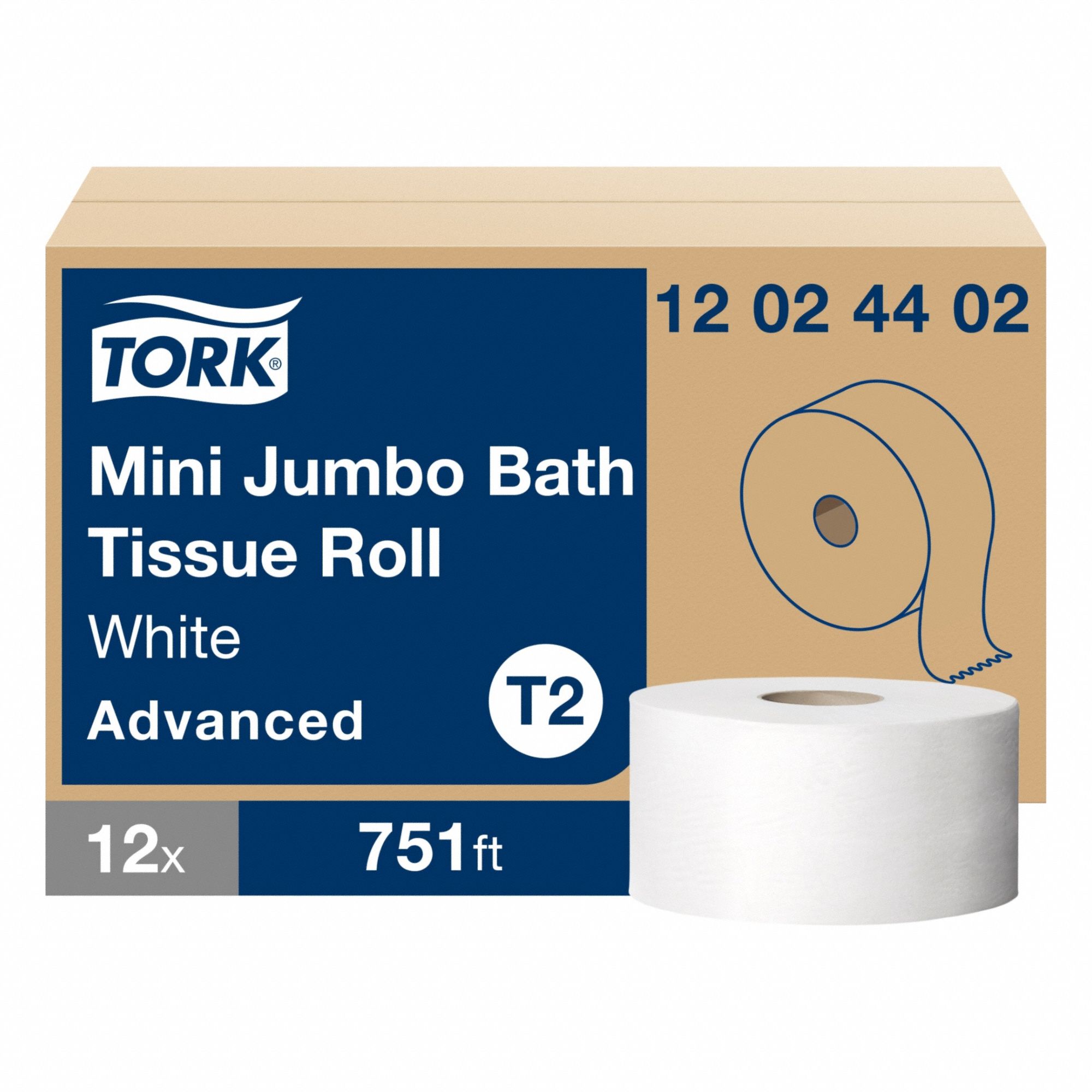 Toilet Paper Roll: 2 Ply, Continuous Sheets, 751 ft Roll Lg, 7 3/8 in Roll Dia., T2, 12 PK