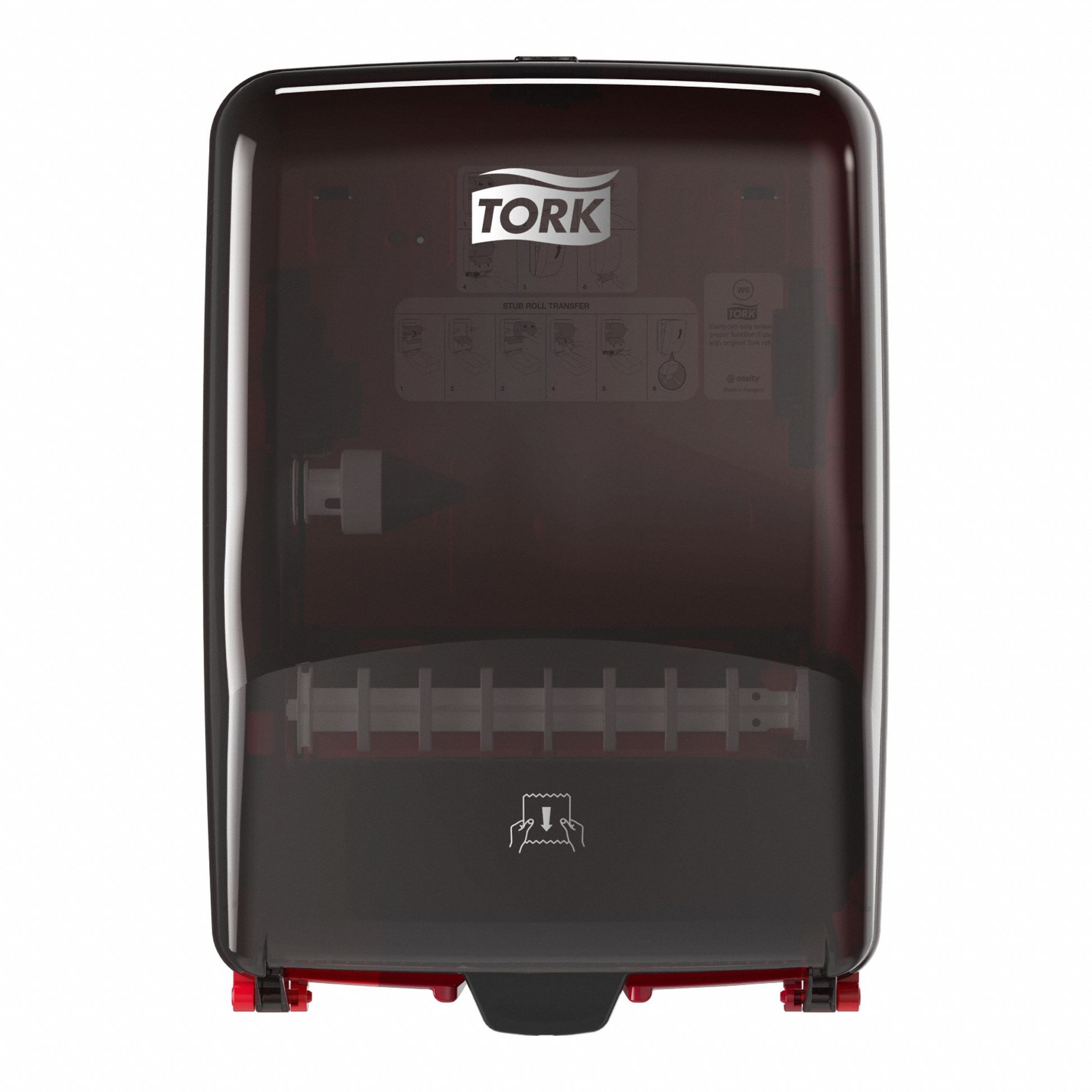 Paper Towel Dispenser: Hardwound, 7 3/4 in Paper Towel Wd, 1 1/2 in, Plastic, Red/Smoked Black
