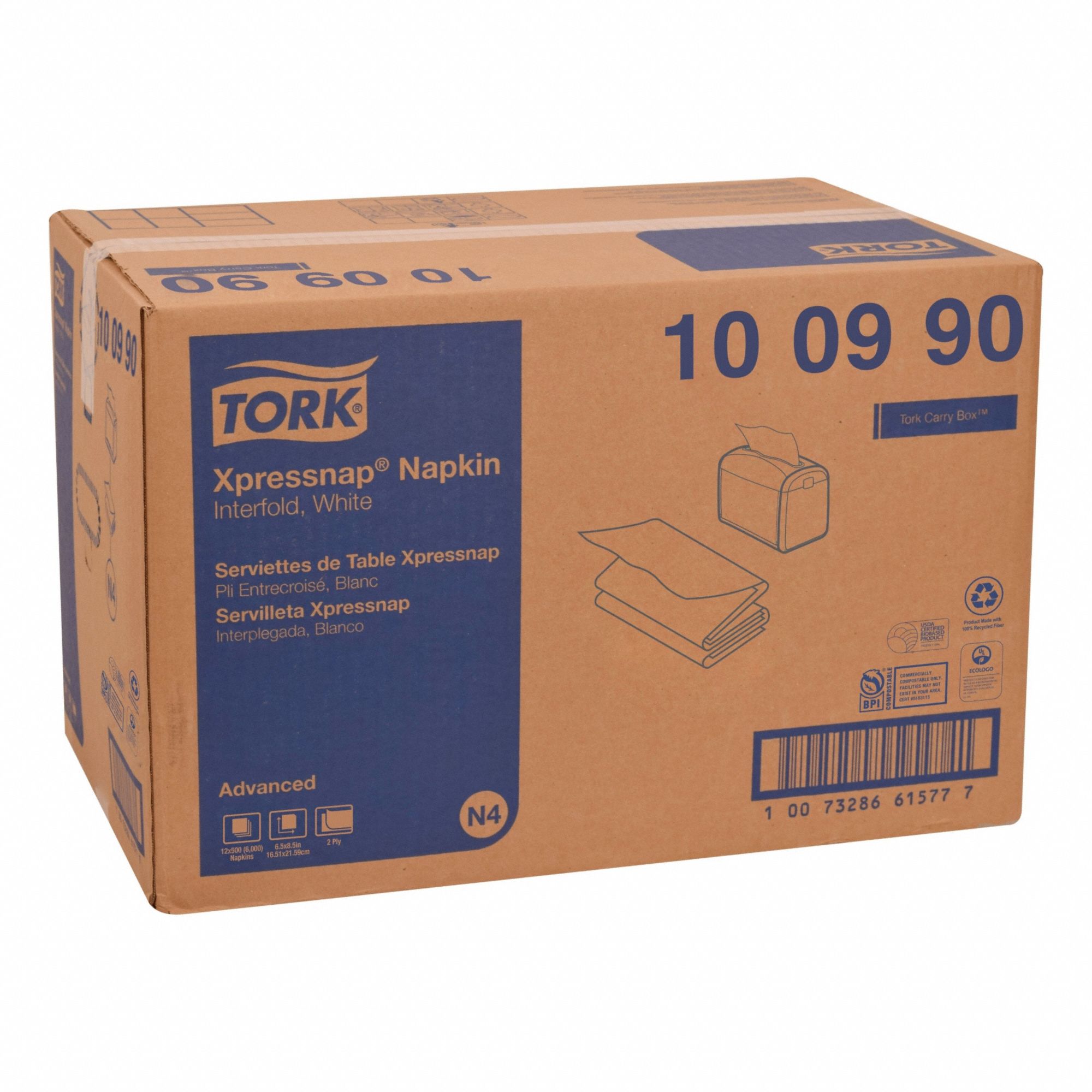 Disposable Napkins: 1 Ply, 4 1/4 in x 6 1/2 in, White, Embossed, Interfold, 12 PK