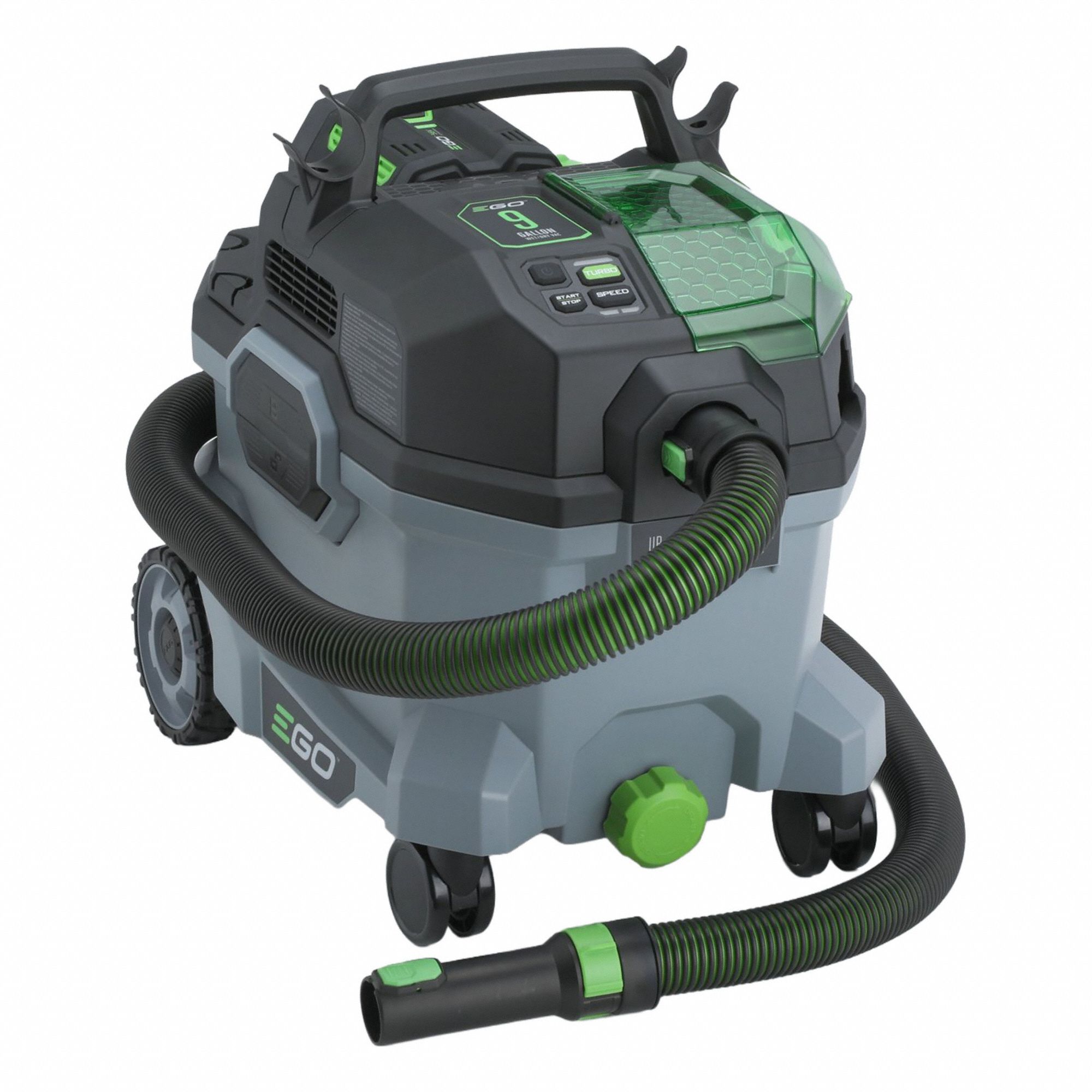 Shop Vacuum: 9 gal Tank Size, Plastic, 2 in Vacuum Hose Dia, 7 ft Hose Lg, 110 cfm Air Flow, Std