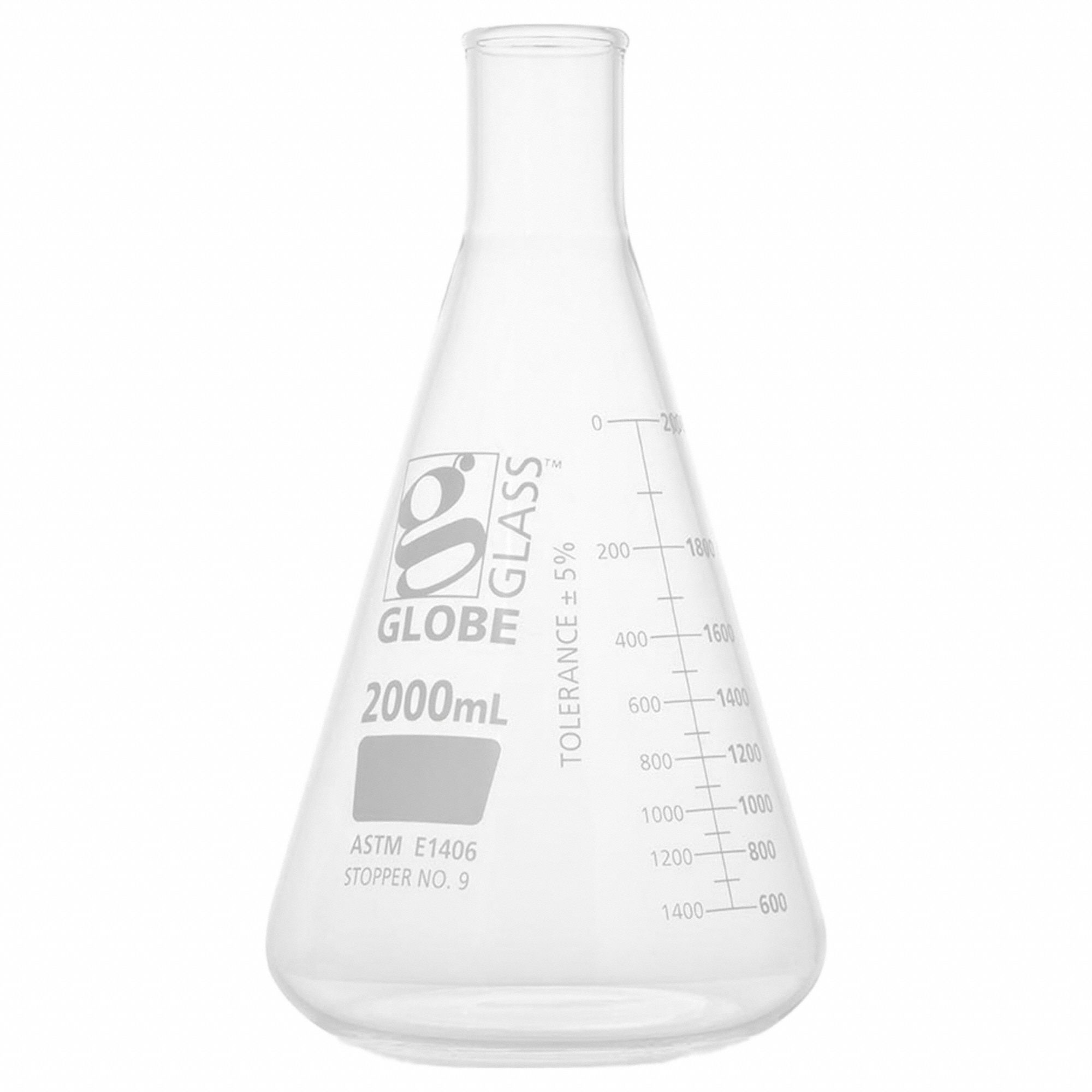 Erlenmeyer Flask: Borosilicate Glass, 2 L Capacity - mL, 67.63 fl oz Capacity - oz, Graduated, Clear