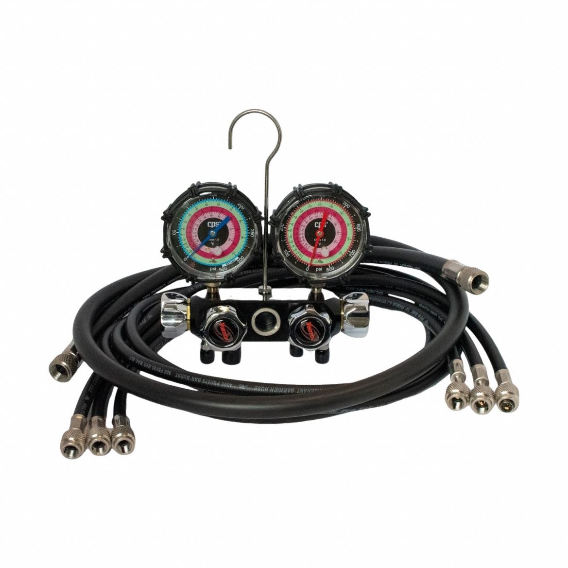 Refrigerant Manifold Set: 4 Valves, 3 Hoses, Series Blackmax, 3 1/8 in Gauge