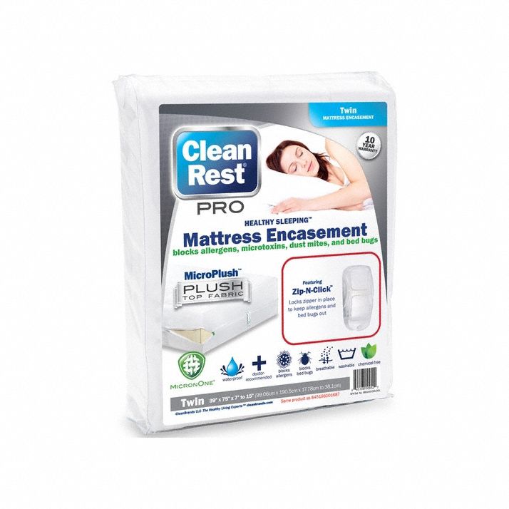 Mattress/Box Spring Protector: Twin, 75 in Overall Lg, 39 in Overall Wd, White, Waterproof