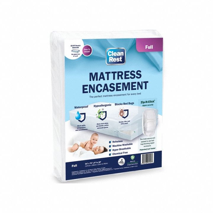 Mattress/Box Spring Protector: Full, 75 in Overall Lg, 54 in Overall Wd, White, Waterproof