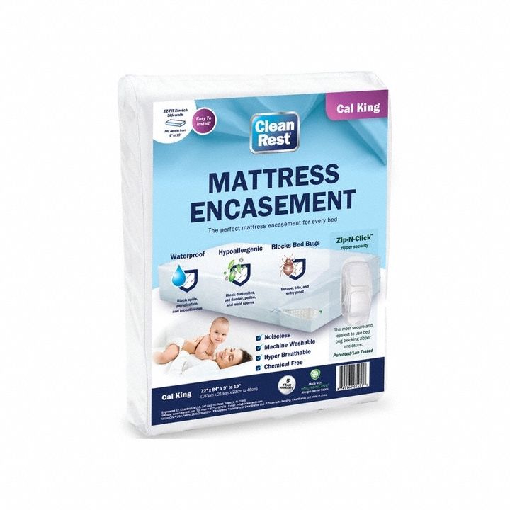 Mattress/Box Spring Protector: California King, 84 in Overall Lg, 72 in Overall Wd, White