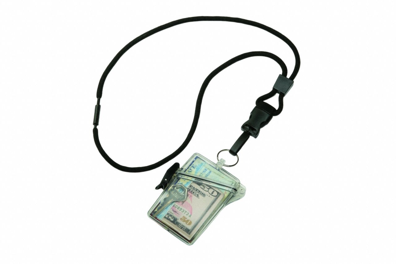 Badge Holder: Pouch, Vertical, 36 in Lanyard Strap Lg, Plastic, Clear