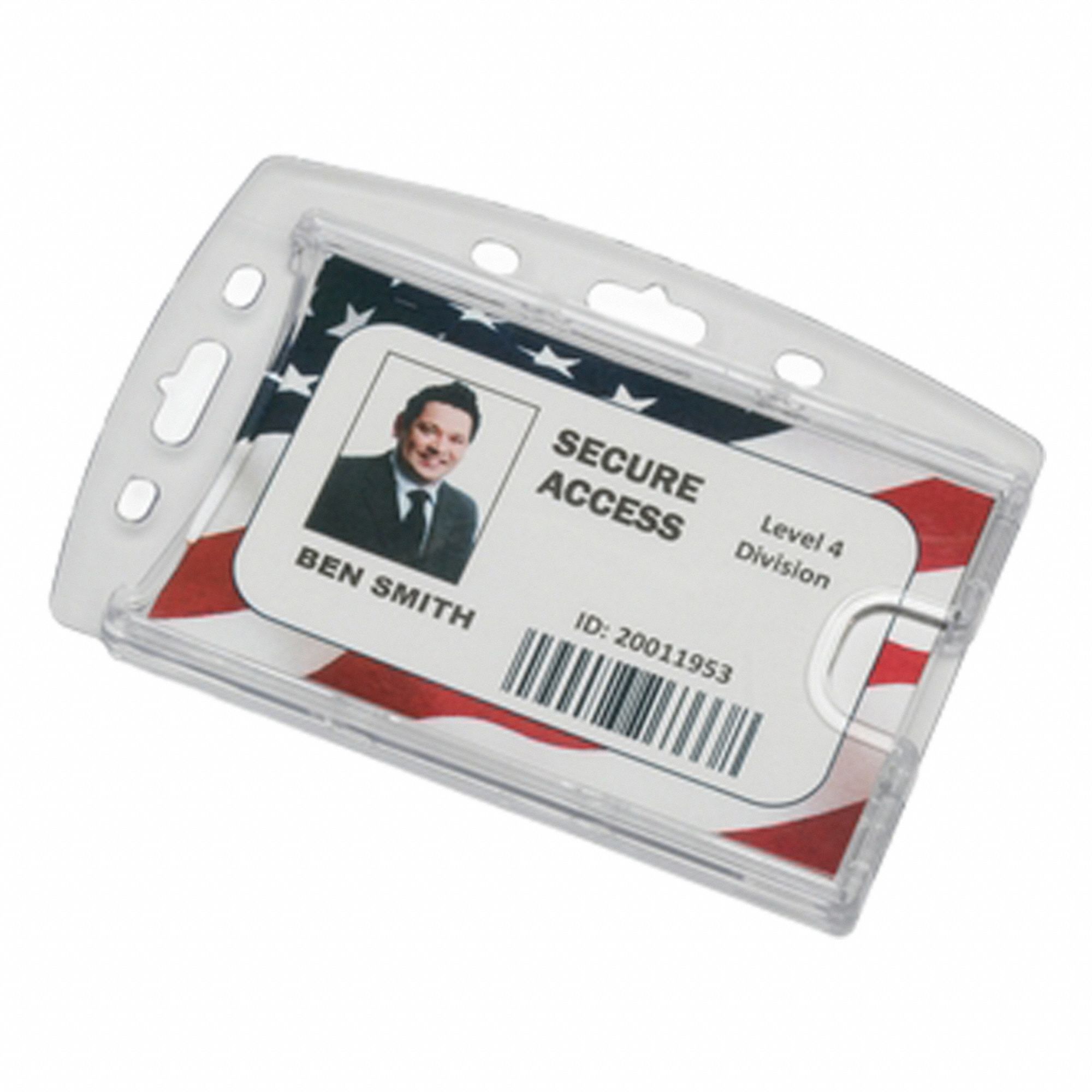 Badge Holder: Clip/Strap, Horizontal/Vertical, 3 3/8 in Badge Pouch Wd, Clear, 12 PK