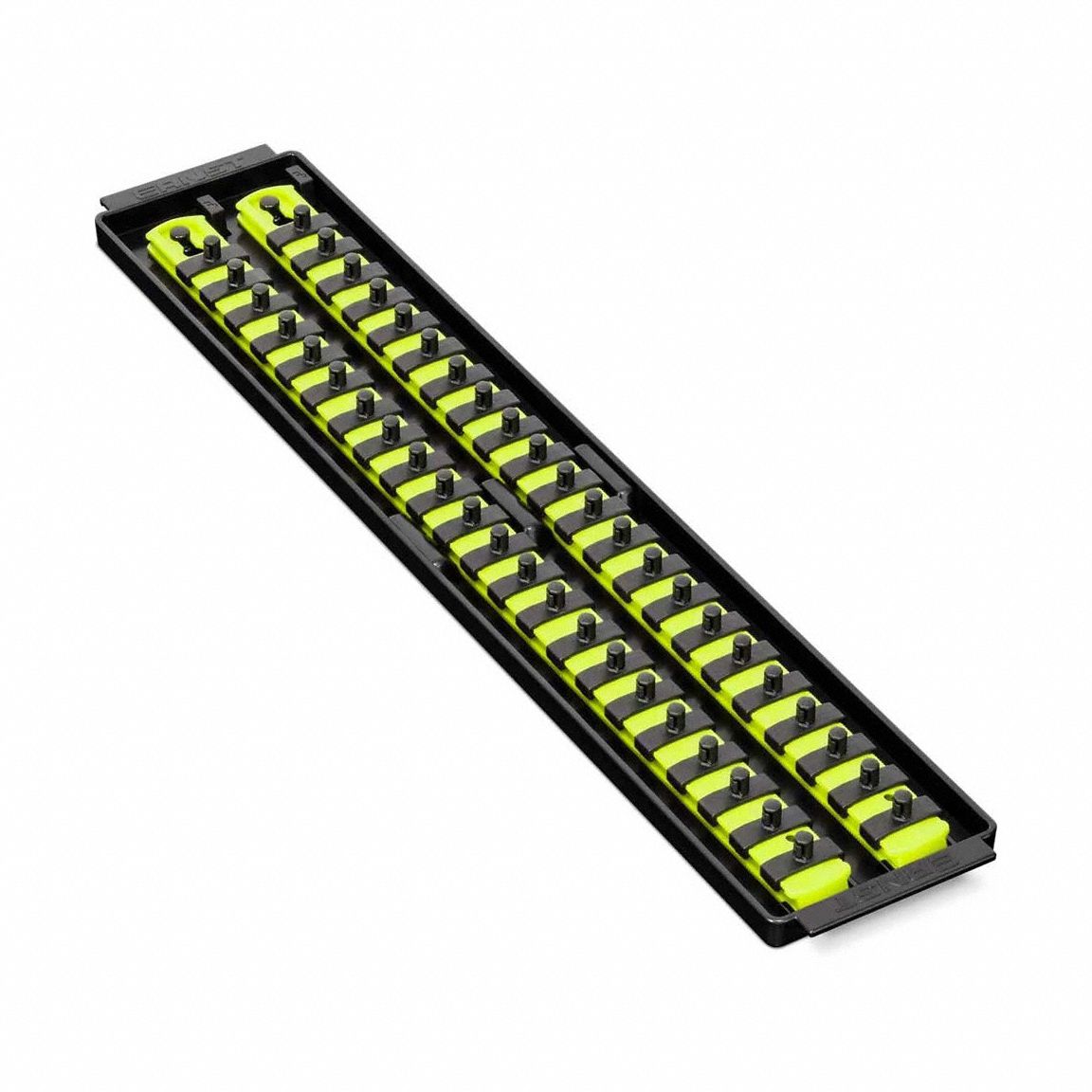 ERNST MANUFACTURING Socket Organizer: Yellow, 3 5/8 in Overall Wd, 44 Posts/Slots, Sockets (MPN 8461HV). Key specifications — attr1125333: (44) Socket Clips; attr1125346: ERNST MANUFACTURING; attr1125347: Yellow; attr1136588: Sockets; attr1125364: Socket Bit Tray.