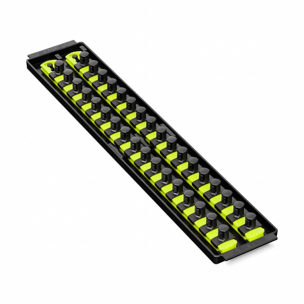 ERNST MANUFACTURING Socket Organizer: Yellow, 3 5/8 in Overall Wd, 34 Posts/Slots, Sockets (MPN 8463HV). Key specifications — attr1125333: (34) Socket Clips; attr1125346: ERNST MANUFACTURING; attr1125347: Yellow; attr1136588: Sockets; attr1125364: Socket Bit Tray.