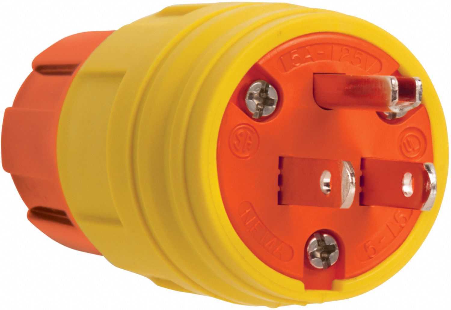 Straight Blade Plug: 5-15P, 15 A, 125V AC, Yellow, 2 Poles, Screw Terminals