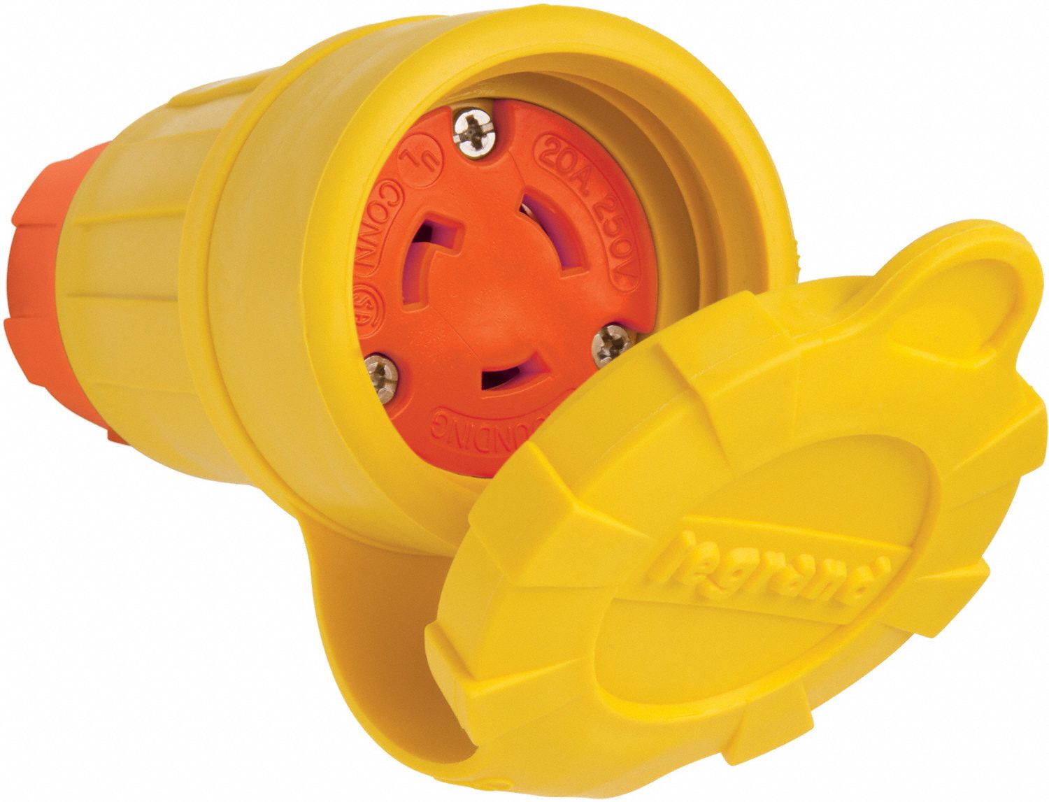 Locking Connector: L6-20R, 20 A, 250V AC, 2 Poles, Yellow, Shrouded, Antimicrobial/Gen Purpose
