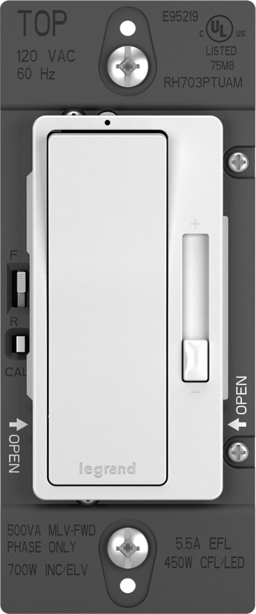 Lighting Dimmer: Fluorescent/LED, Side, 1-Pole/3-Way, 120V AC, 5.5 A, 450W (CFL, LED)