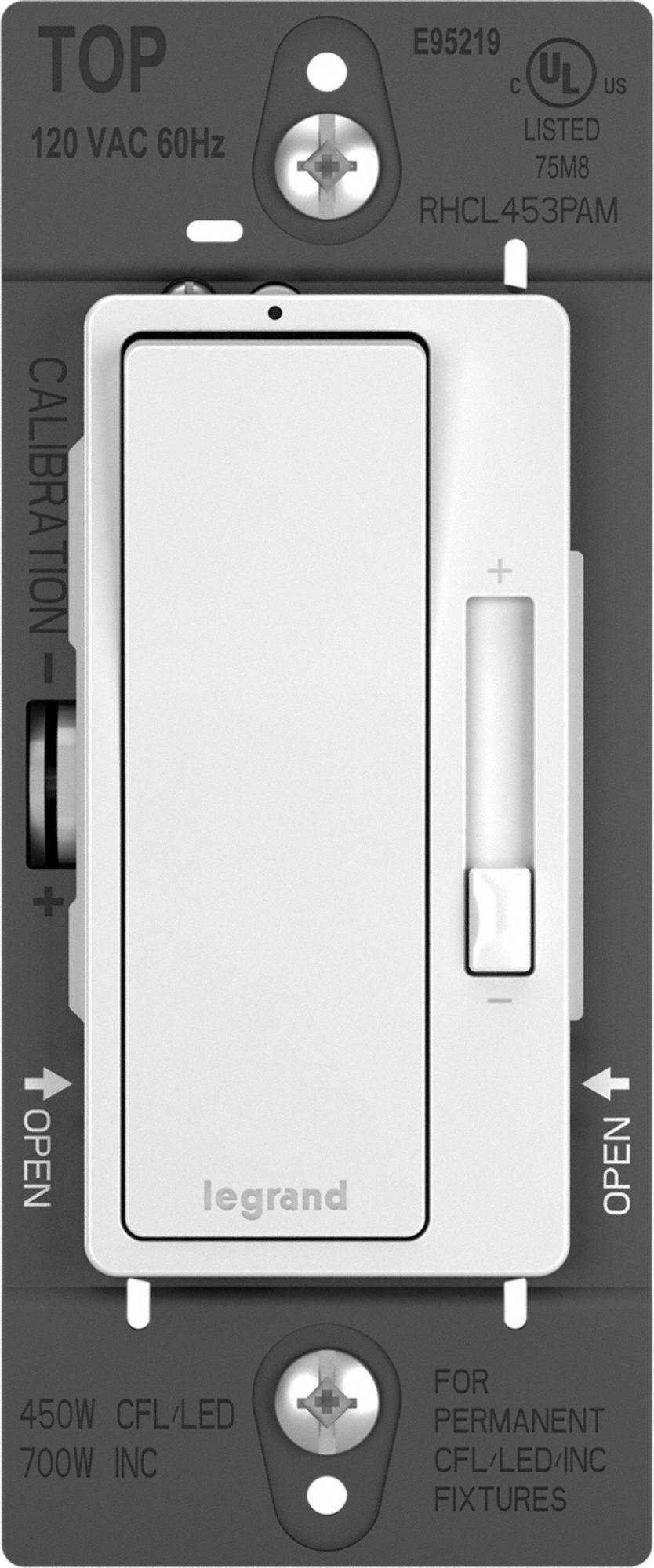 Lighting Dimmer: Fluorescent/LED, Side, 1-Pole/3-Way, 120V AC, 450W (CFL, LED), White