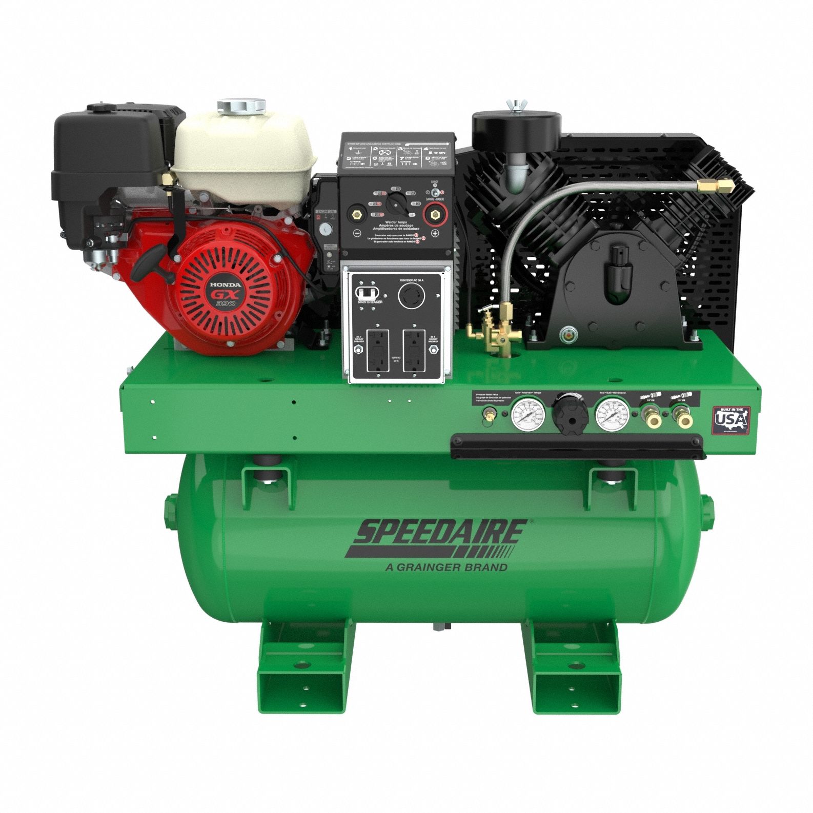 Stationary Air Compressor: 13 hp Engine, Honda, 13.3 cfm, 30 gal Air Tank, Horizontal