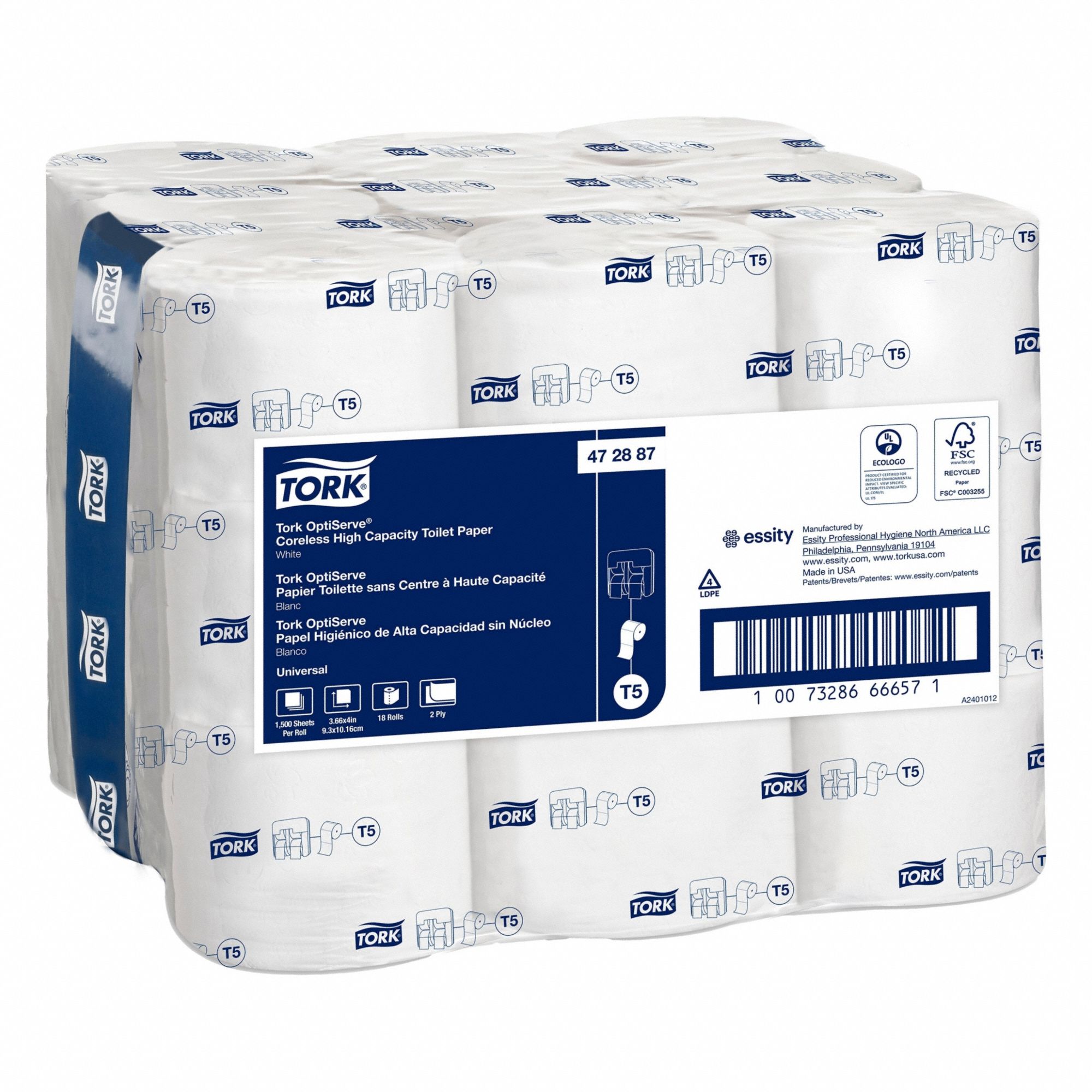 Toilet Paper Roll: 2 Ply, 1, 500 Sheets, 500 ft Roll Lg, 5 5/8 in Roll Dia., 18 PK
