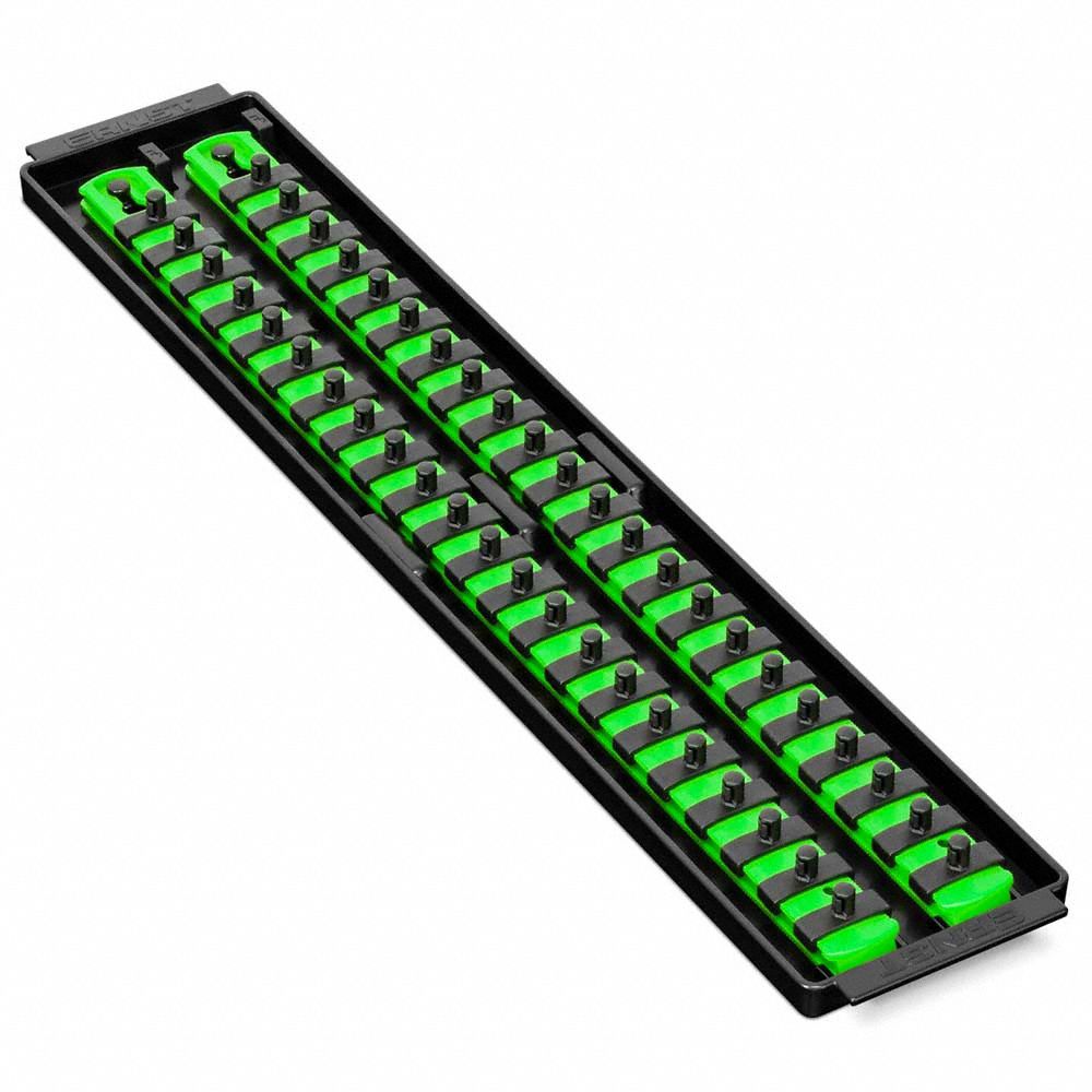 ERNST MANUFACTURING Socket Organizer: Green, 3 5/8 in Overall Wd, 44 Posts/Slots, Sockets (MPN 8483). Key specifications — attr1125333: (192) I.D. Stickers; attr1125346: ERNST MANUFACTURING; attr1125347: Green; attr1136588: Sockets; attr1125364: Socket Bit Tray.