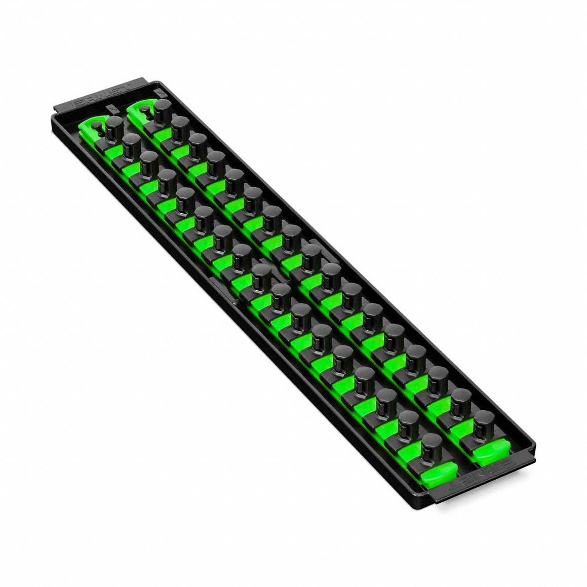 ERNST MANUFACTURING Socket Organizer: Green, 3 5/8 in Overall Wd, 34 Posts/Slots, Sockets (MPN 8487). Key specifications — attr1125333: (192) I.D. Stickers; attr1125346: ERNST MANUFACTURING; attr1125347: Green; attr1136588: Sockets; attr1125364: Socket Bit Tray.