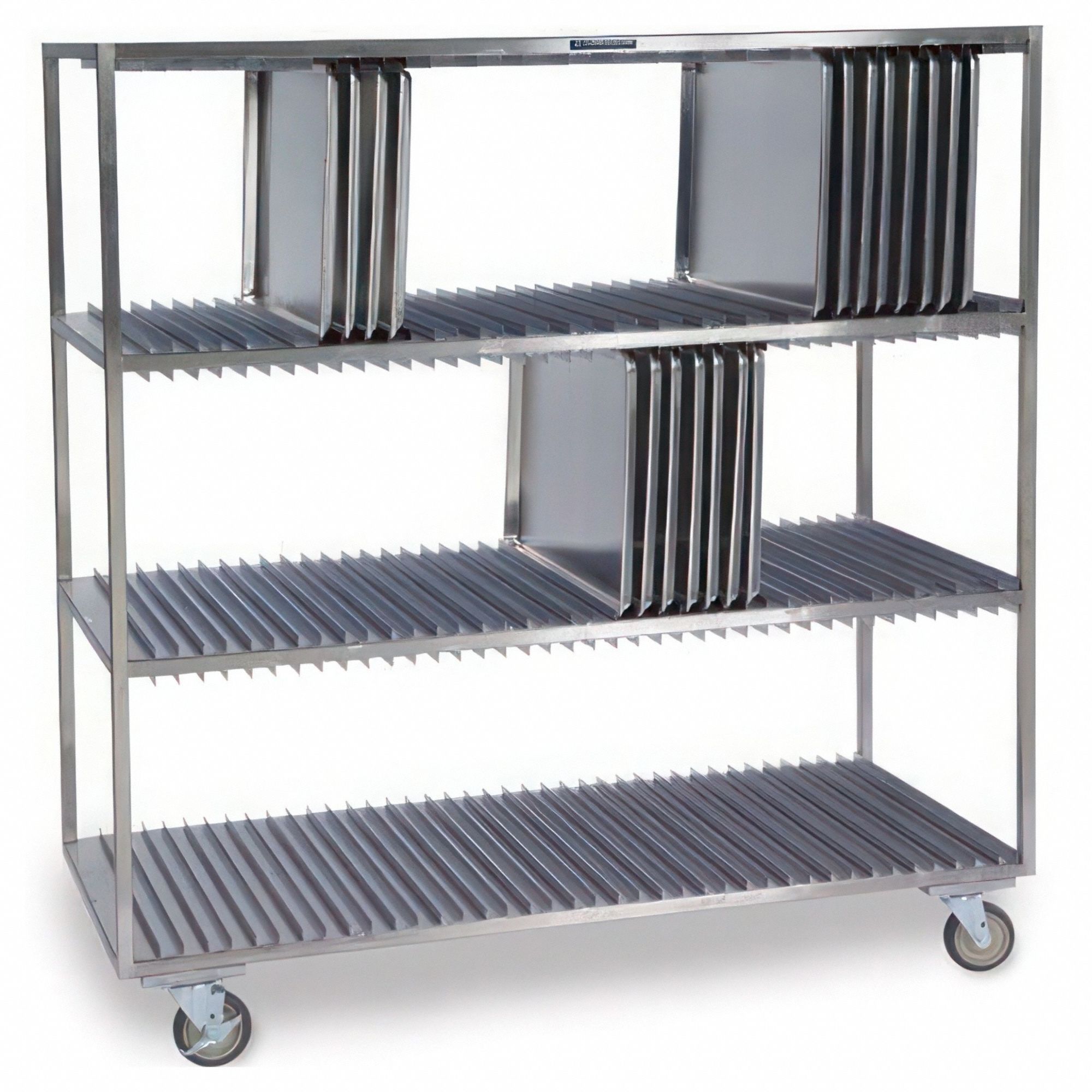 Pan Drying Rack: 3 Shelves, 120 Slots, 26 in Dp, 58 5/8 in Ht, 63 1/2 in Wd, NSF Certified