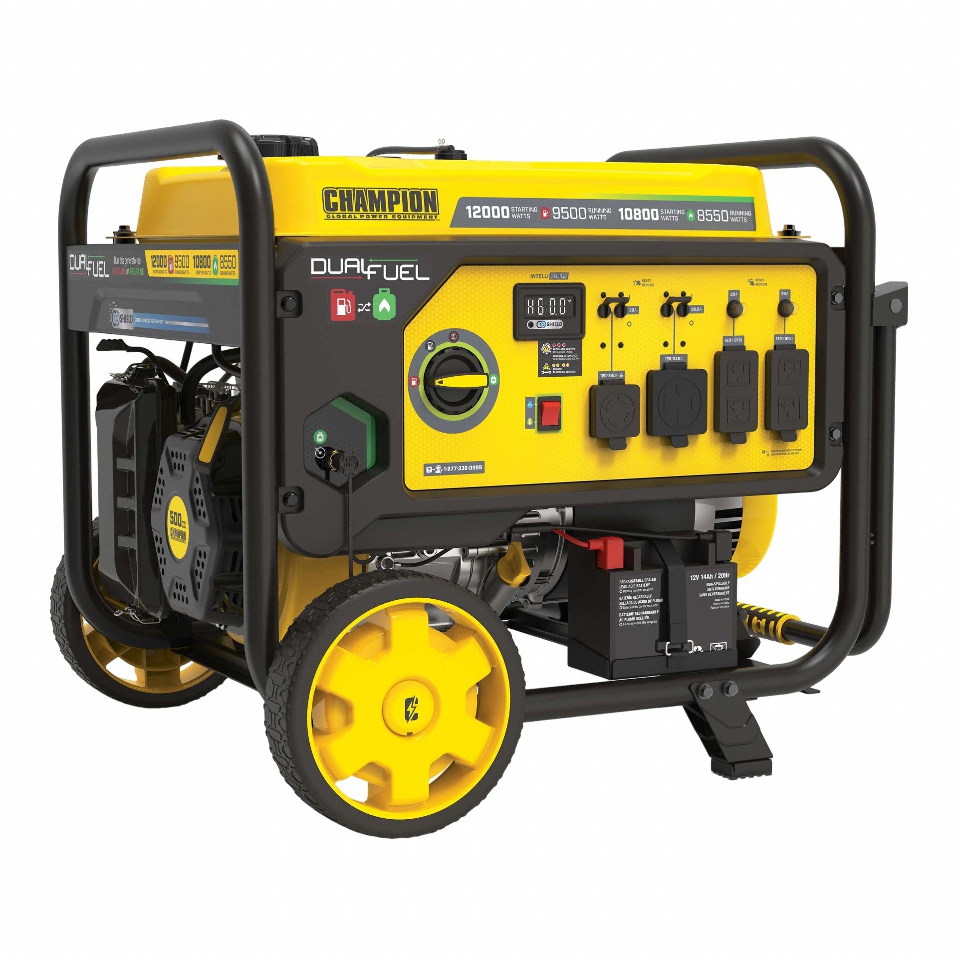 Portable Generator: Conventional, Gasoline/Propane, 9, 500 W Running