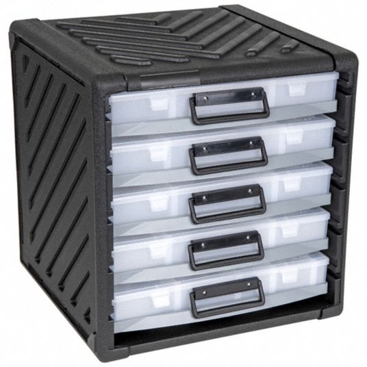 FLAMBEAU Small Parts Cabinet: 15 1/4 in x 16 in, Black/Clear, 4  Compartments, 16 Adj Dividers