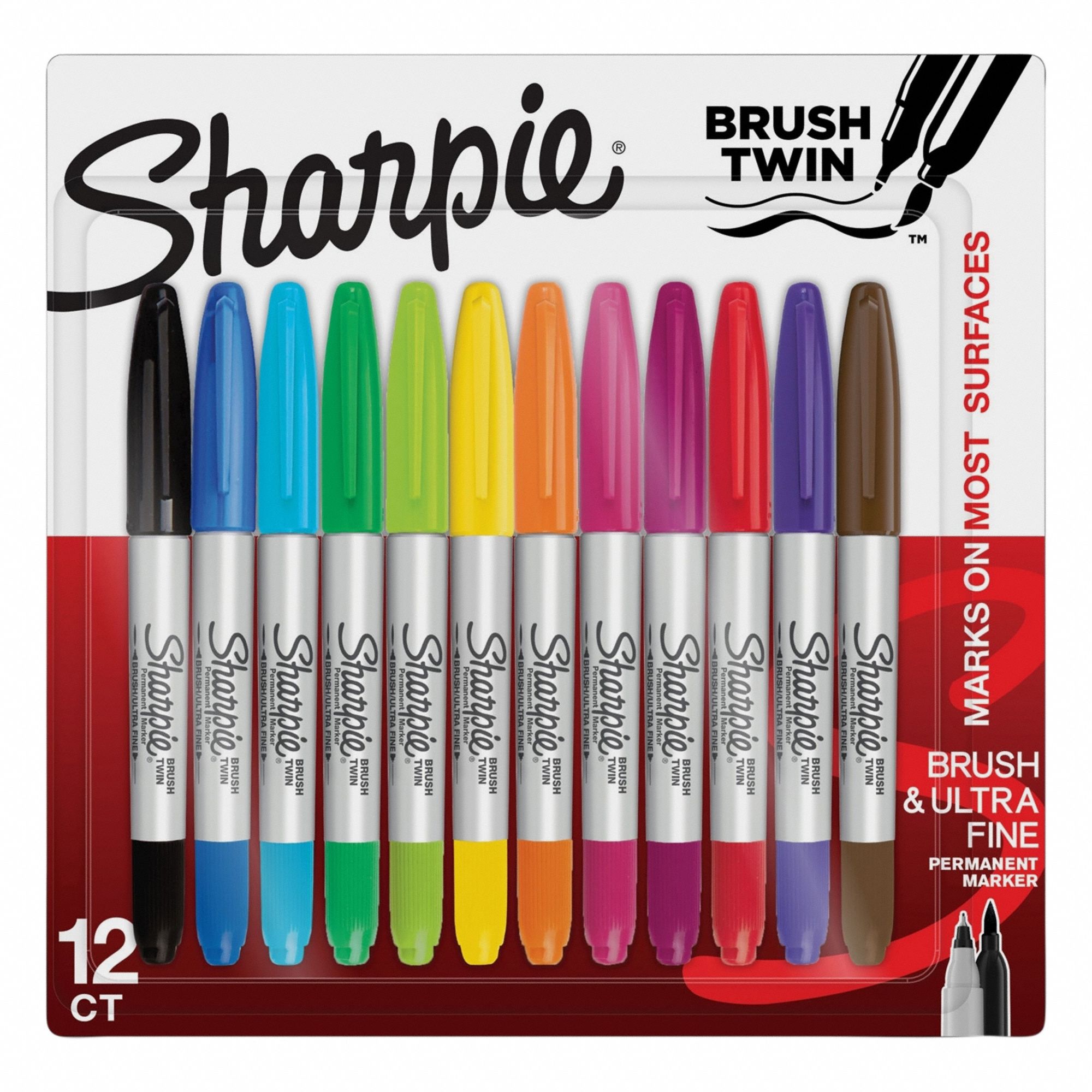 Permanent Marker: Assorted, Capped, Brush/Ultra Fine, Permanent Ink, Twin Tips, Std, 12 PK