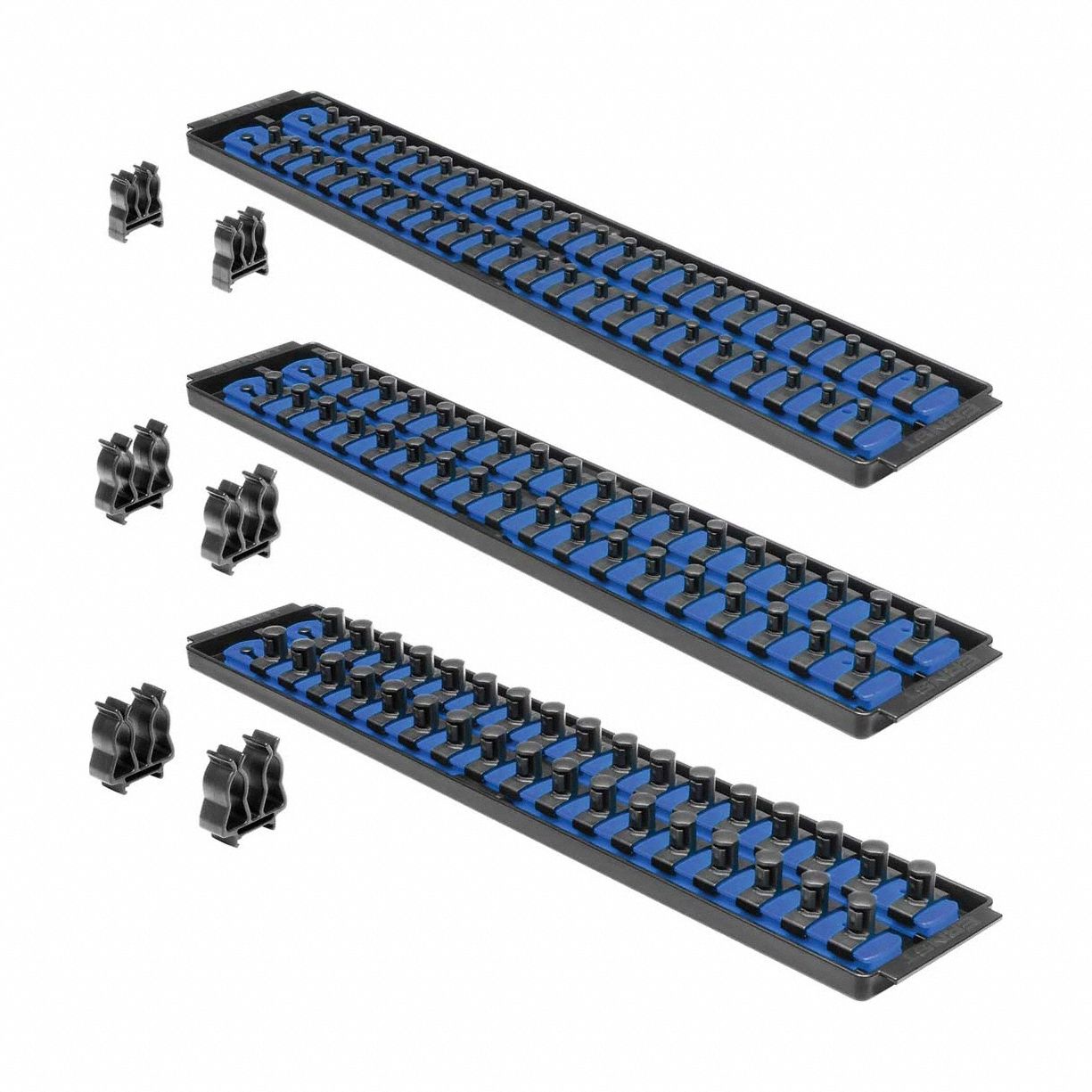 ERNST MANUFACTURING Socket Organizer: Blue, 4 in Overall Wd, 114 Posts/Slots, Sockets (MPN 8511). Key specifications — attr1125333: (114) Socket Clips; attr1125346: ERNST MANUFACTURING; attr1125347: Blue; attr1136588: Sockets; attr1125364: Socket Bit Tray.