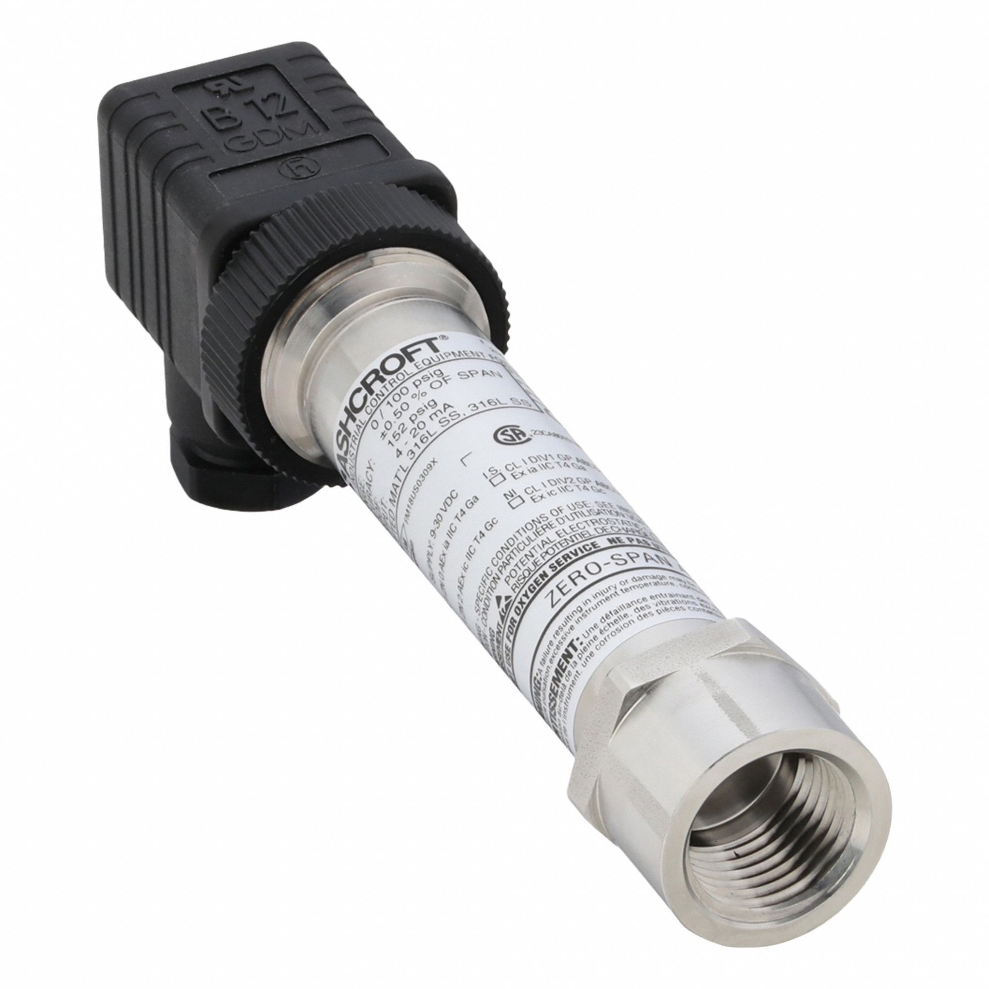 ASHCROFT Sanitary Pressure Transmitter: 1/2 in, 0 to 100 psi, 4 to 20mA, 4X - Sanitary Pressure Transmitters with Cable & Wire Leads