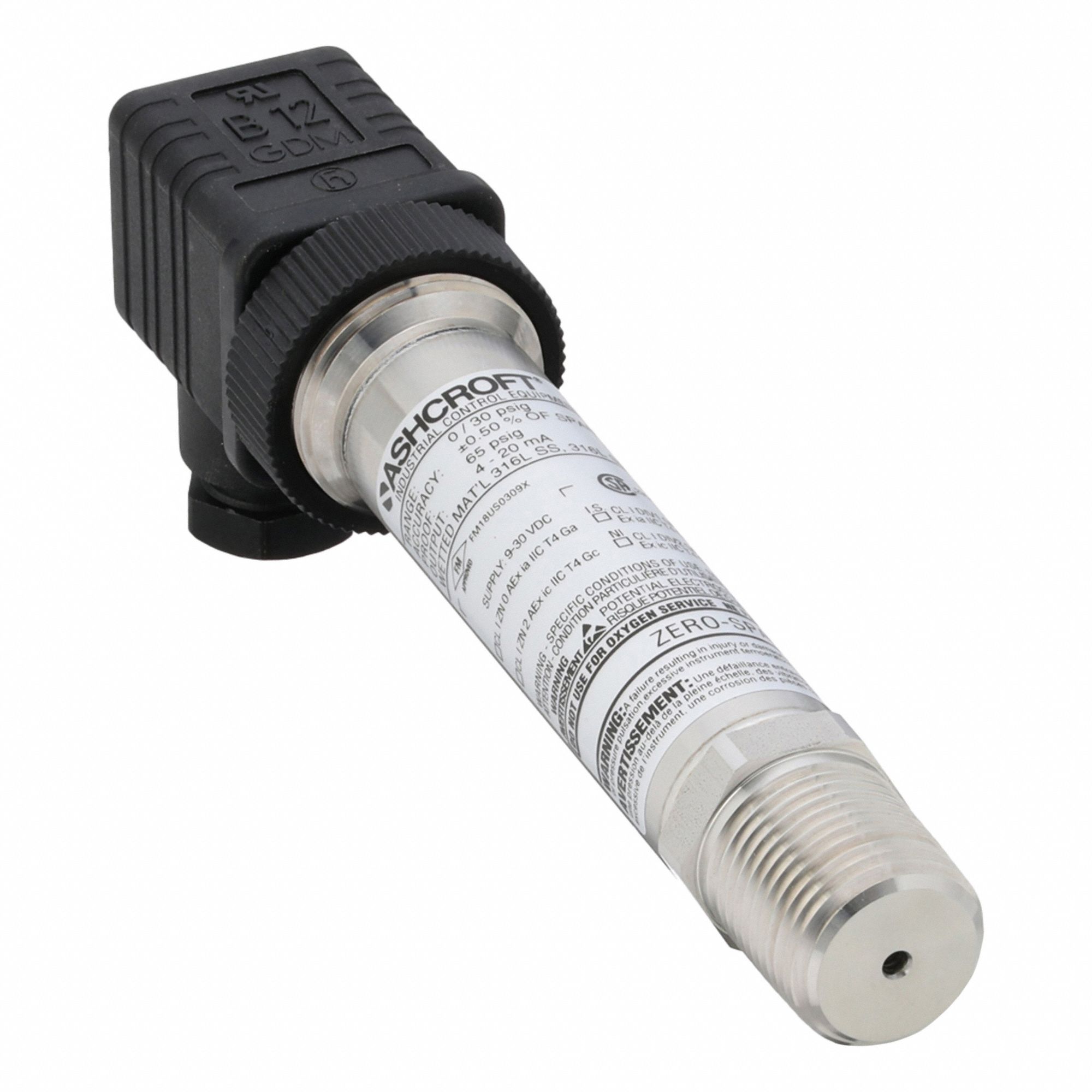 ASHCROFT Sanitary Pressure Transmitter: 1/2 in, 0 to 30 psi, 4 to 20mA, 4X - Sanitary Pressure Transmitters with Cable & Wire Leads