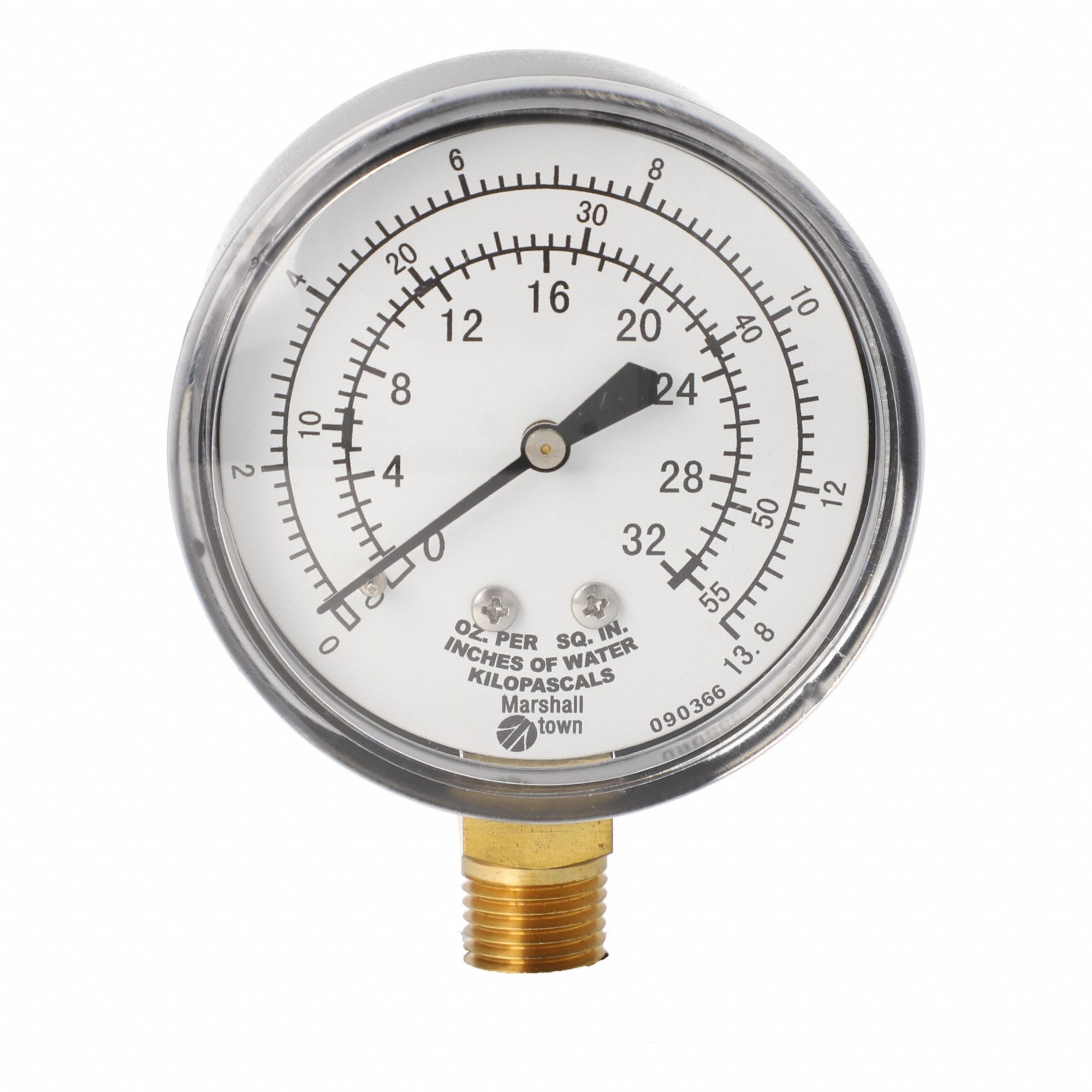 Pressure Gauge: 55 in wc, 2 1/2 in Dial, 1/4 in NPT Male, Bottom, ±3-1-3% Accuracy, G, G, Dual
