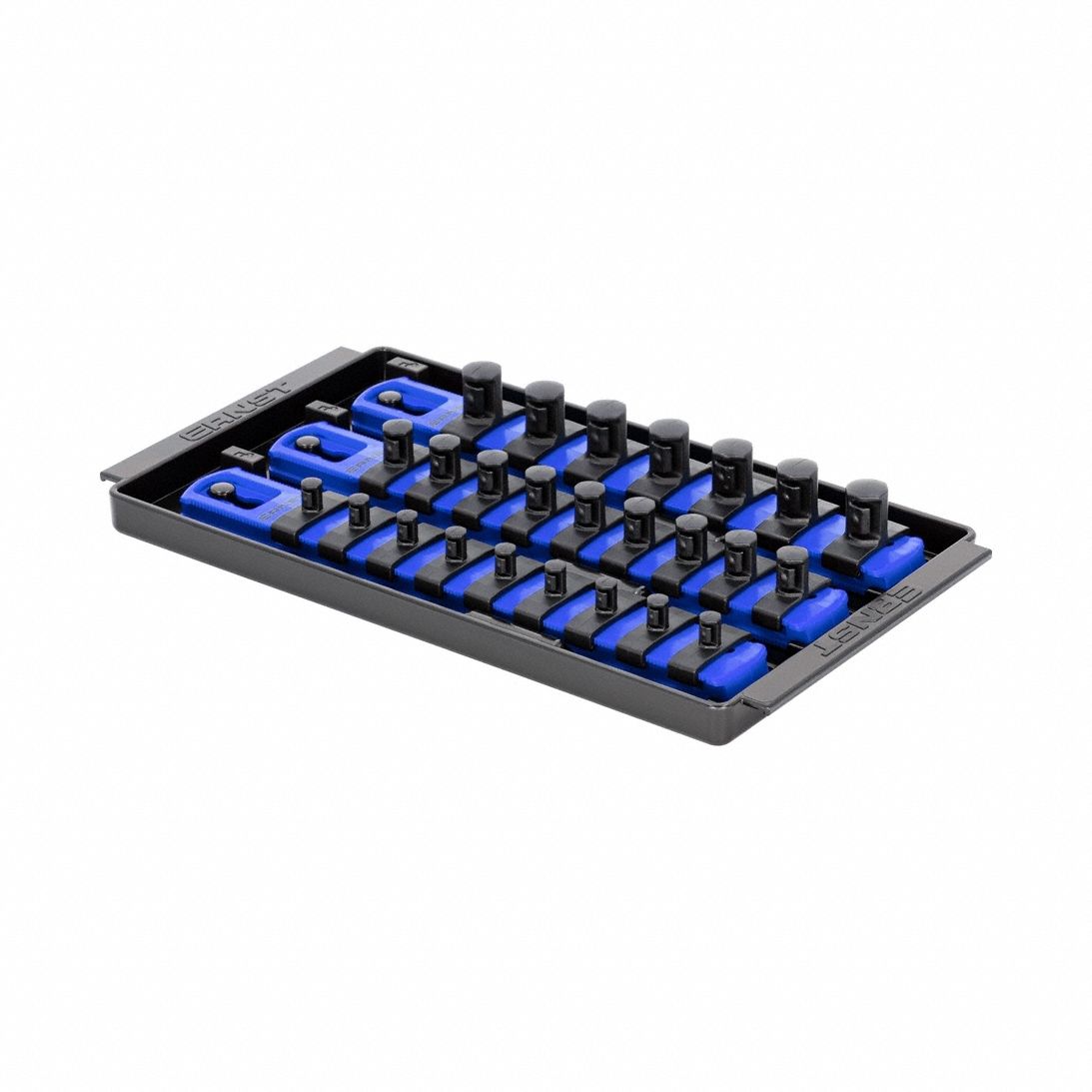 ERNST MANUFACTURING Socket Organizer: Blue, 5 5/16 in Overall Wd, 25 Posts/Slots, Sockets (MPN 8551). Key specifications — attr1125333: (288) I.D. Stickers; attr1125346: ERNST MANUFACTURING; attr1125347: Blue; attr1136588: Sockets; attr1125364: Socket Bit Tray.