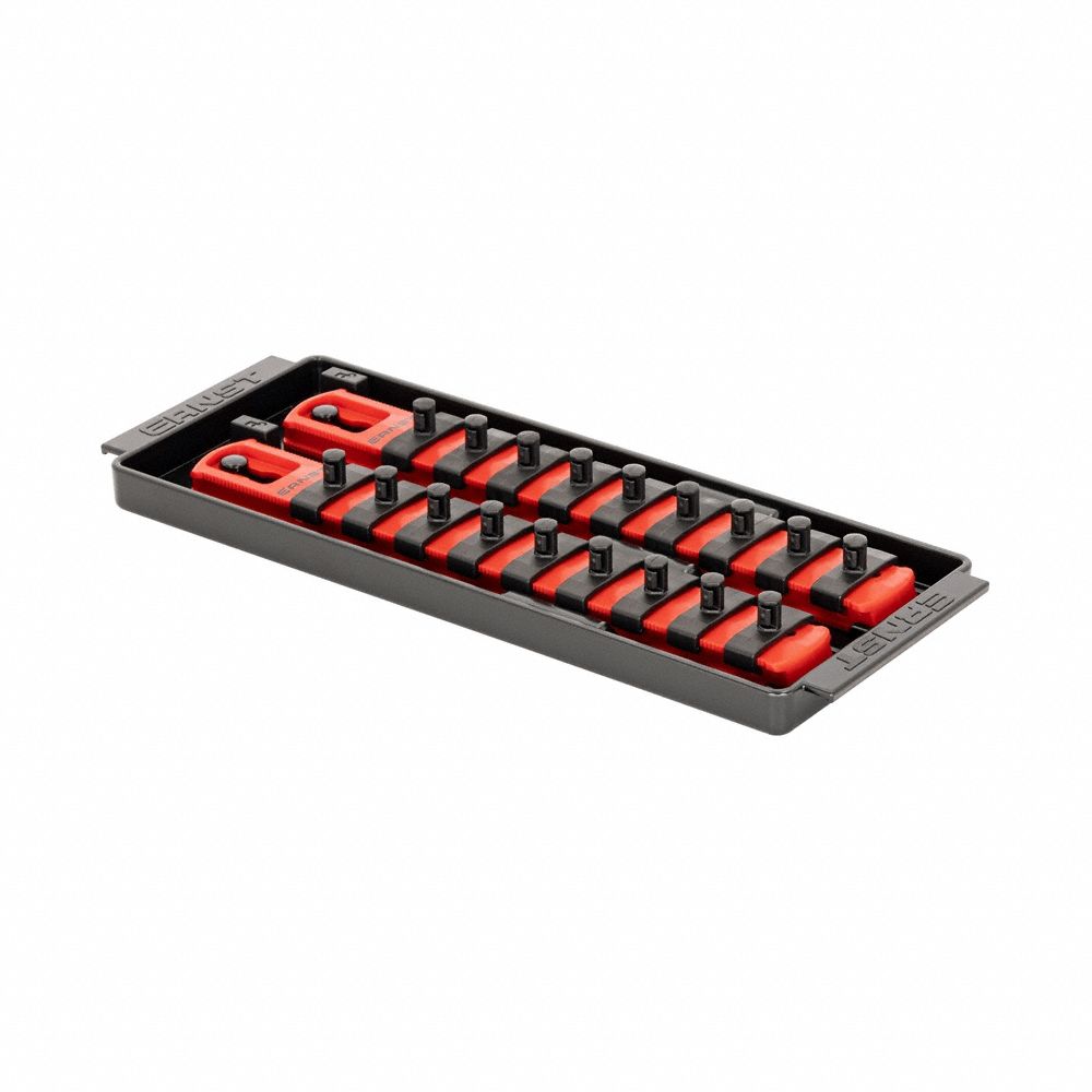 ERNST MANUFACTURING Socket Organizer: Red, 3 5/8 in Overall Wd, 18 Posts/Slots, Sockets (MPN 8552). Key specifications — attr1125333: (192) I.D. Stickers; attr1125346: ERNST MANUFACTURING; attr1125347: Red; attr1136588: Sockets; attr1125364: Socket Bit Tray.