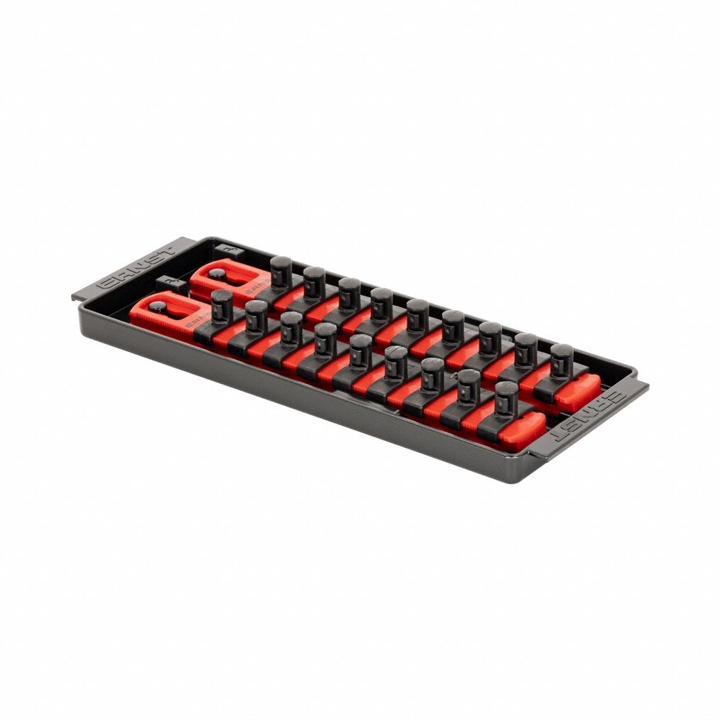 ERNST MANUFACTURING Socket Organizer: Red, 3 5/8 in Overall Wd, 18 Posts/Slots, Sockets (MPN 8553). Key specifications — attr1125333: (192) I.D. Stickers; attr1125346: ERNST MANUFACTURING; attr1125347: Red; attr1136588: Sockets; attr1125364: Socket Bit Tray.