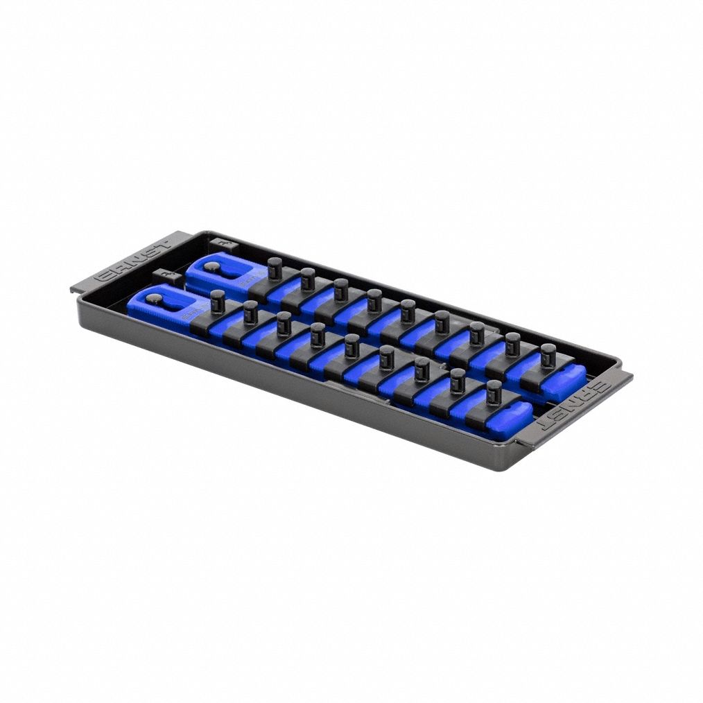 ERNST MANUFACTURING Socket Organizer: Blue, 3 5/8 in Overall Wd, 18 Posts/Slots, Sockets (MPN 8555). Key specifications — attr1125333: (18) Socket Clips; attr1125346: ERNST MANUFACTURING; attr1125347: Blue; attr1136588: Sockets; attr1125364: Socket Bit Tray.