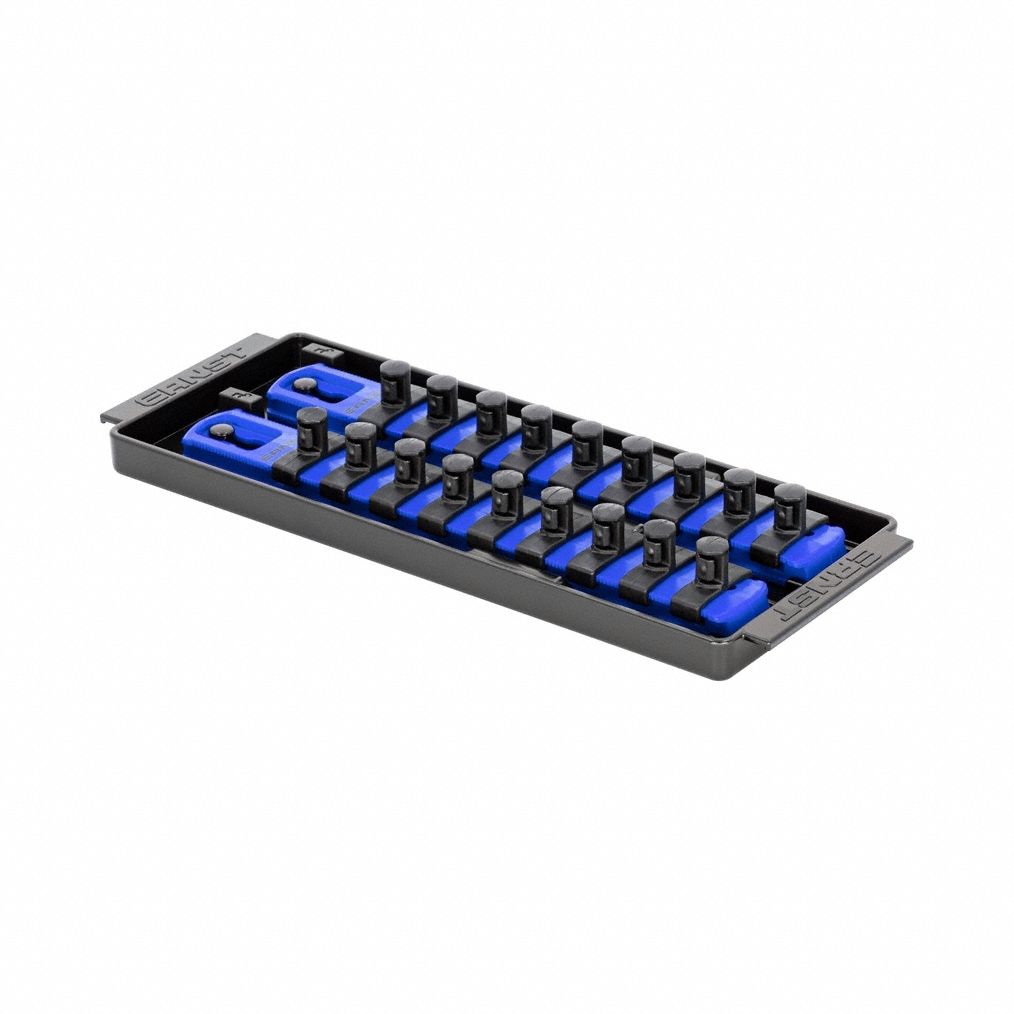 ERNST MANUFACTURING Socket Organizer: Blue, 3 5/8 in Overall Wd, 18 Posts/Slots, Sockets (MPN 8556). Key specifications — attr1125333: (18) Socket Clips; attr1125346: ERNST MANUFACTURING; attr1125347: Blue; attr1136588: Sockets; attr1125364: Socket Bit Tray.
