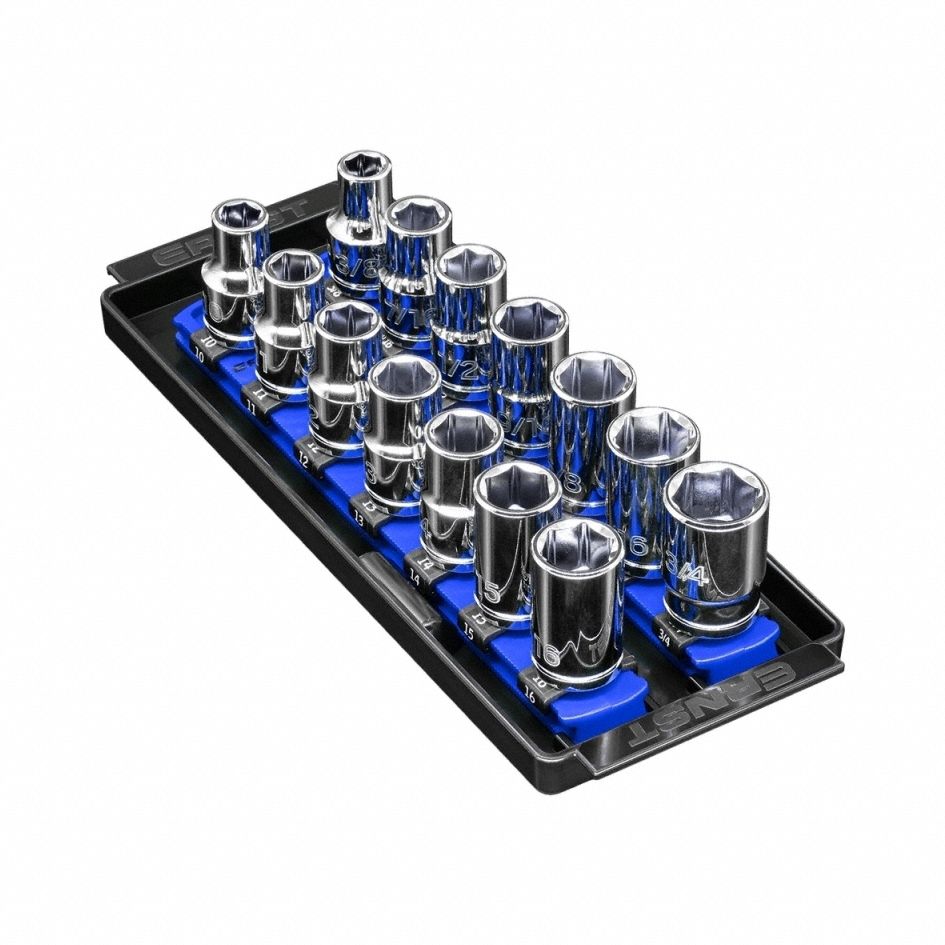 ERNST MANUFACTURING Socket Organizer: Blue, 3 5/8 in Overall Wd, 14 Posts/Slots, Sockets (MPN 8557). Key specifications — attr1125333: (192) I.D. Stickers; attr1125346: ERNST MANUFACTURING; attr1125347: Blue; attr1136588: Sockets; attr1125364: Socket Bit Tray.