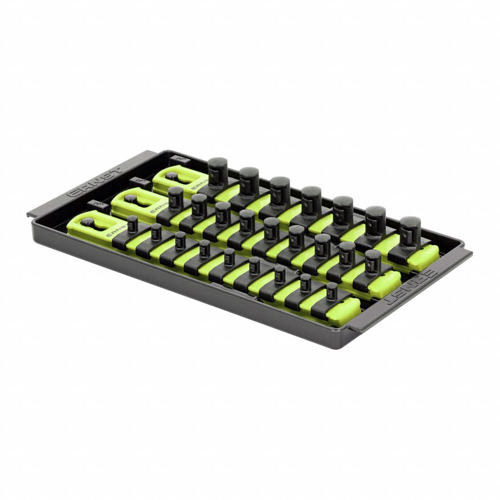 ERNST MANUFACTURING Socket Organizer: Yellow, 5 5/16 in Overall Wd, 25 Posts/Slots, Sockets (MPN 8560HV). Key specifications — attr1125333: (288) I.D. Stickers; attr1125346: ERNST MANUFACTURING; attr1125347: Yellow; attr1136588: Sockets; attr1125364: Socket Bit Tray.