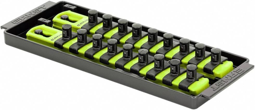ERNST MANUFACTURING Socket Organizer: Yellow, 3 5/8 in Overall Wd, 18 Posts/Slots, Sockets (MPN 8562HV). Key specifications — attr1125333: (18) Socket Clips; attr1125346: ERNST MANUFACTURING; attr1125347: Yellow; attr1136588: Sockets; attr1125364: Socket Bit Tray.