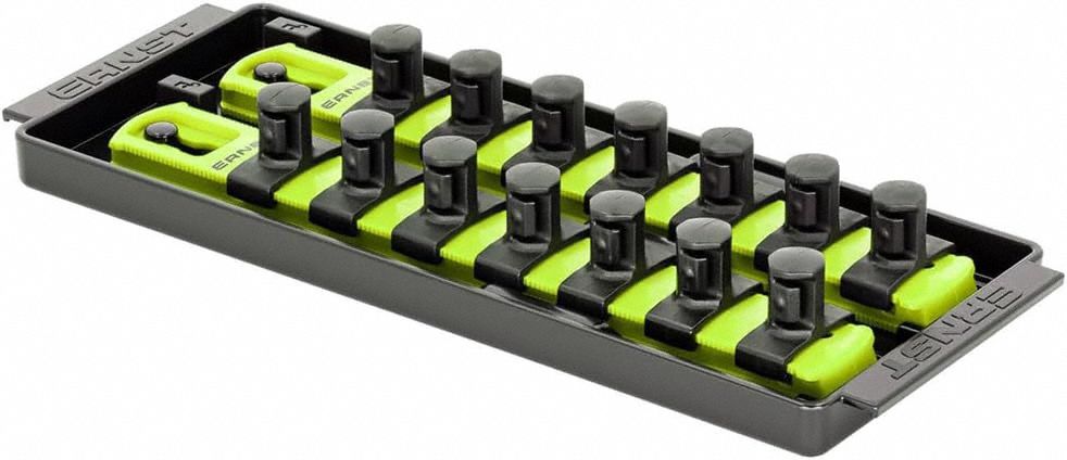 ERNST MANUFACTURING Socket Organizer: Yellow, 3 5/8 in Overall Wd, 14 Posts/Slots, Sockets (MPN 8563HV). Key specifications — attr1125333: (14) Socket Clips; attr1125346: ERNST MANUFACTURING; attr1125347: Yellow; attr1136588: Sockets; attr1125364: Socket Bit Tray.