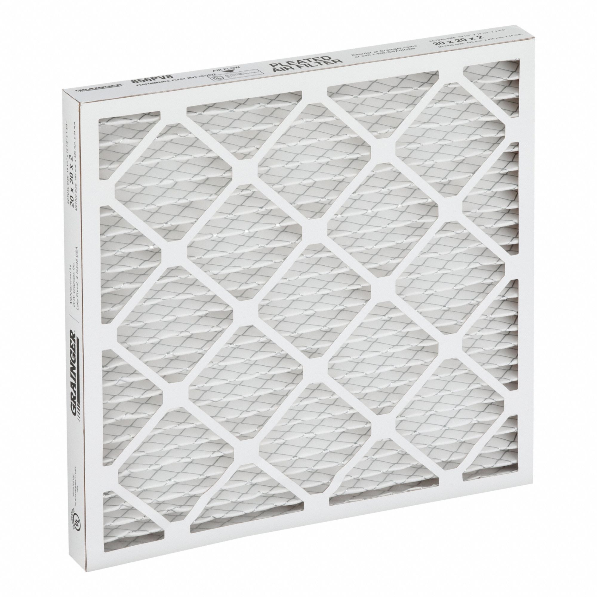 Pleated Air Filter: 20 in x 20 in x 2 in, MERV 9, High Strength