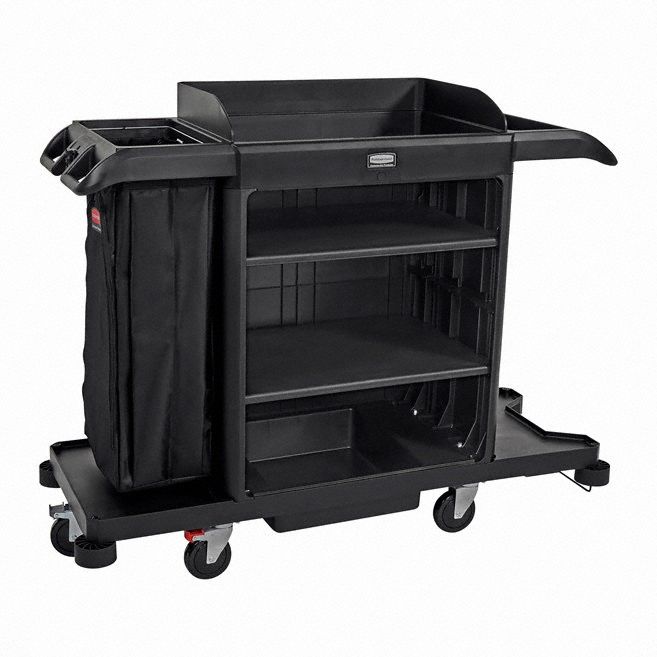 Housekeeping Cart: Black, 49 in Overall Ht, 62 in Overall Wd