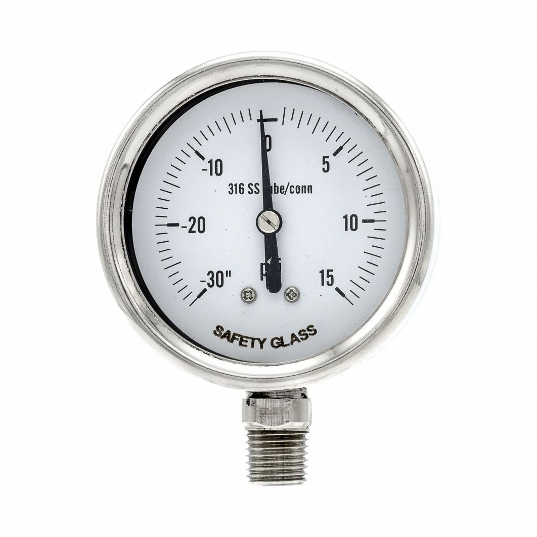 Pressure Gauge: 30 psi to -30 psi / Hg to 15 psi, 2 1/2 in Dial, 1/4 in NPT Male