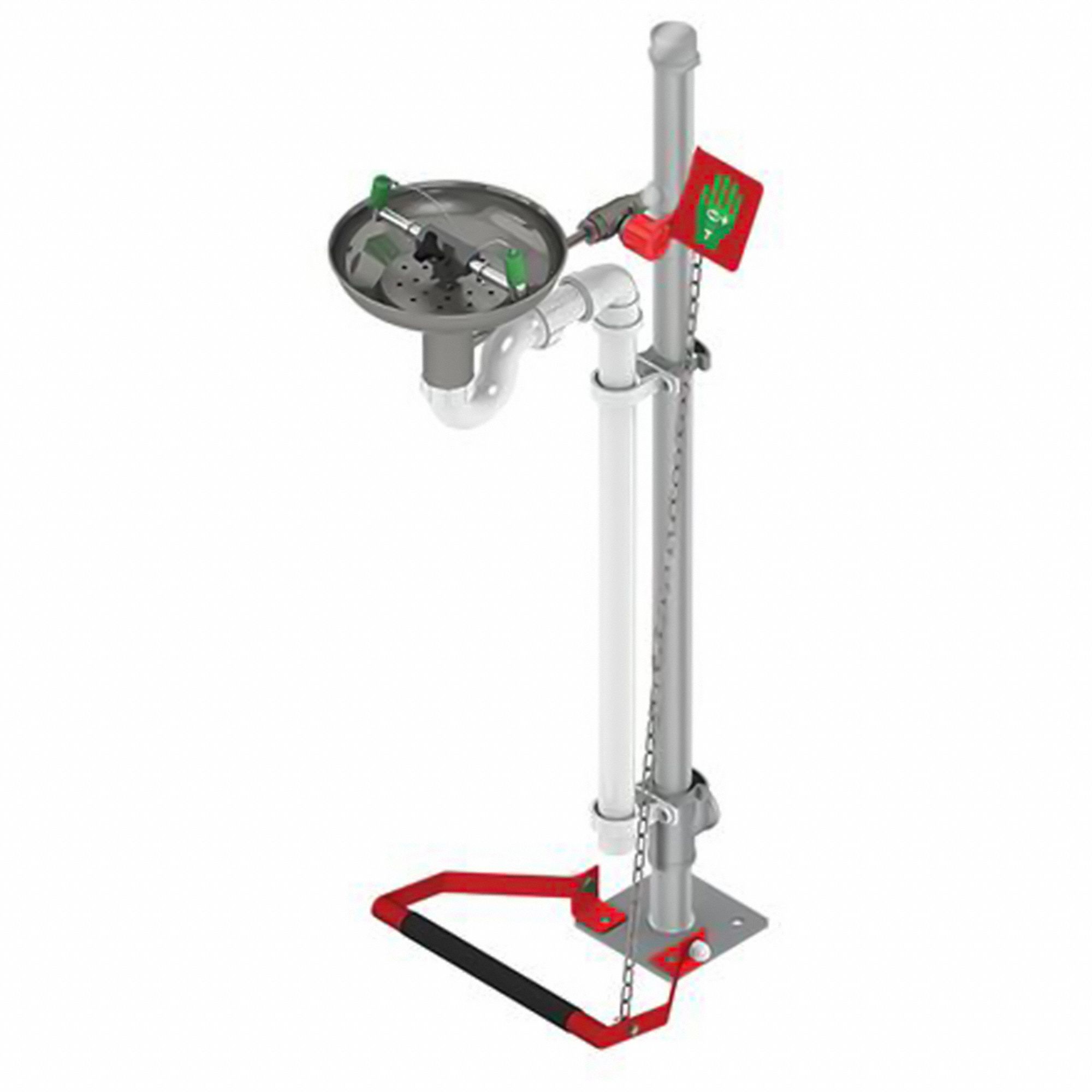 Plumbed Eyewash: Std, Floor Mnt, Eyes and Face Coverage, Uncovered, Push Plate